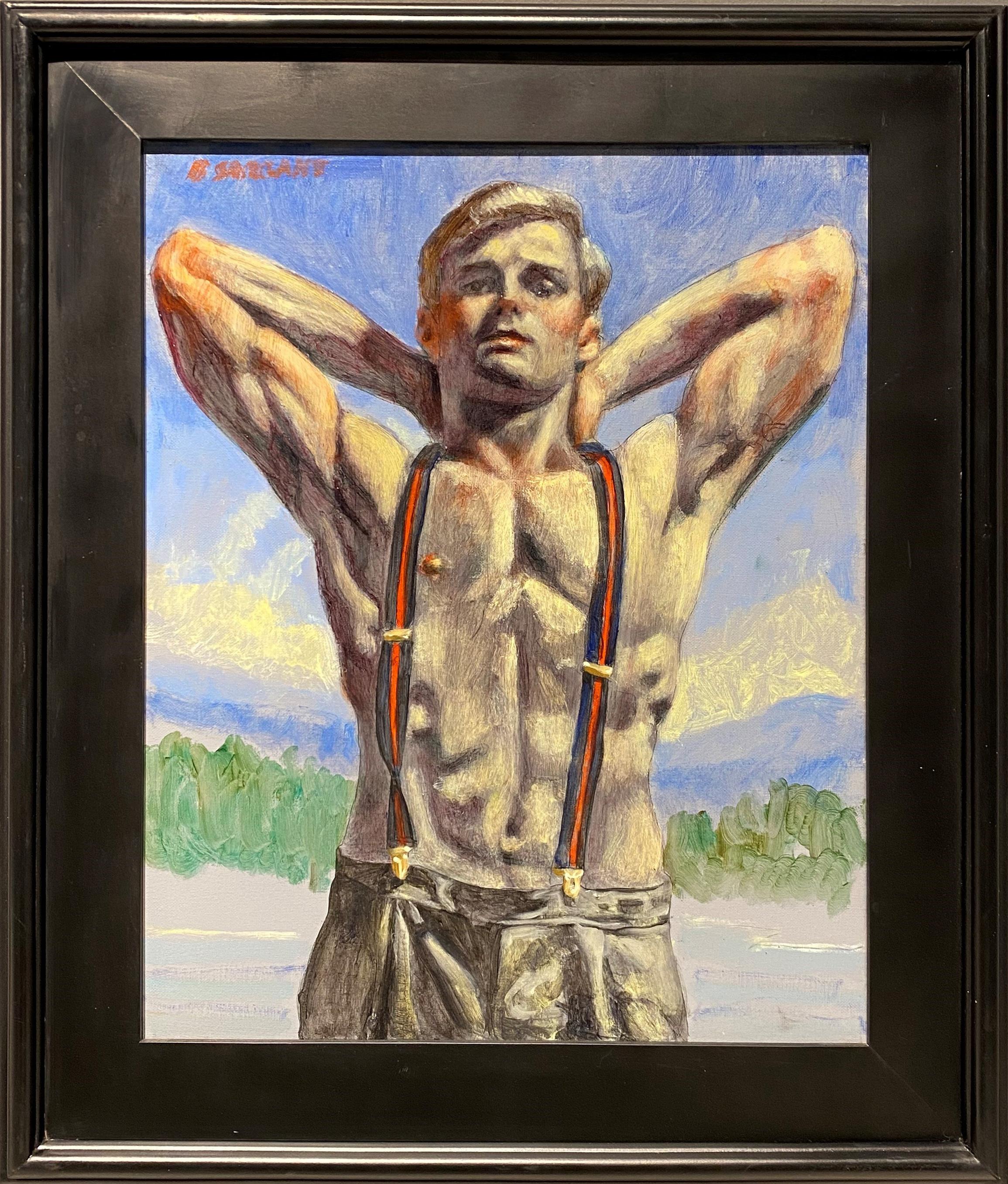 Giovane uomo con le bretelle rosse (dipinto figurativo su tela di Mark Beard) 1
