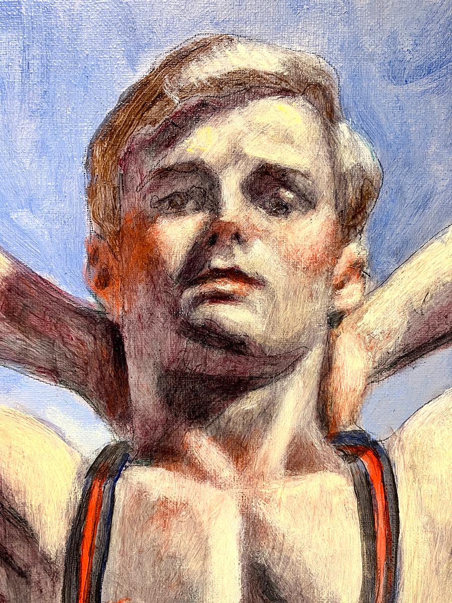 Giovane uomo con le bretelle rosse (dipinto figurativo su tela di Mark Beard) 3