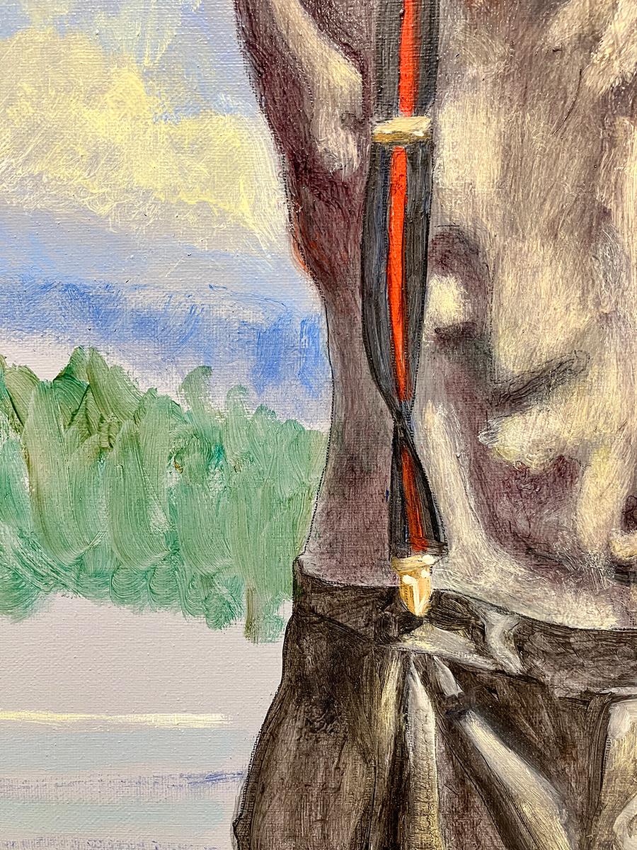 Giovane uomo con le bretelle rosse (dipinto figurativo su tela di Mark Beard) 4