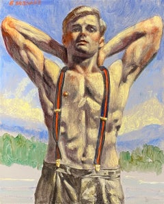 Giovane uomo con le bretelle rosse (dipinto figurativo su tela di Mark Beard)