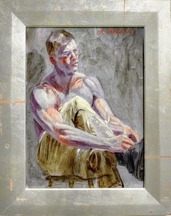 Young Man Tying His Laces (Academic Style Figurative Oil Painting by Mark Beard)