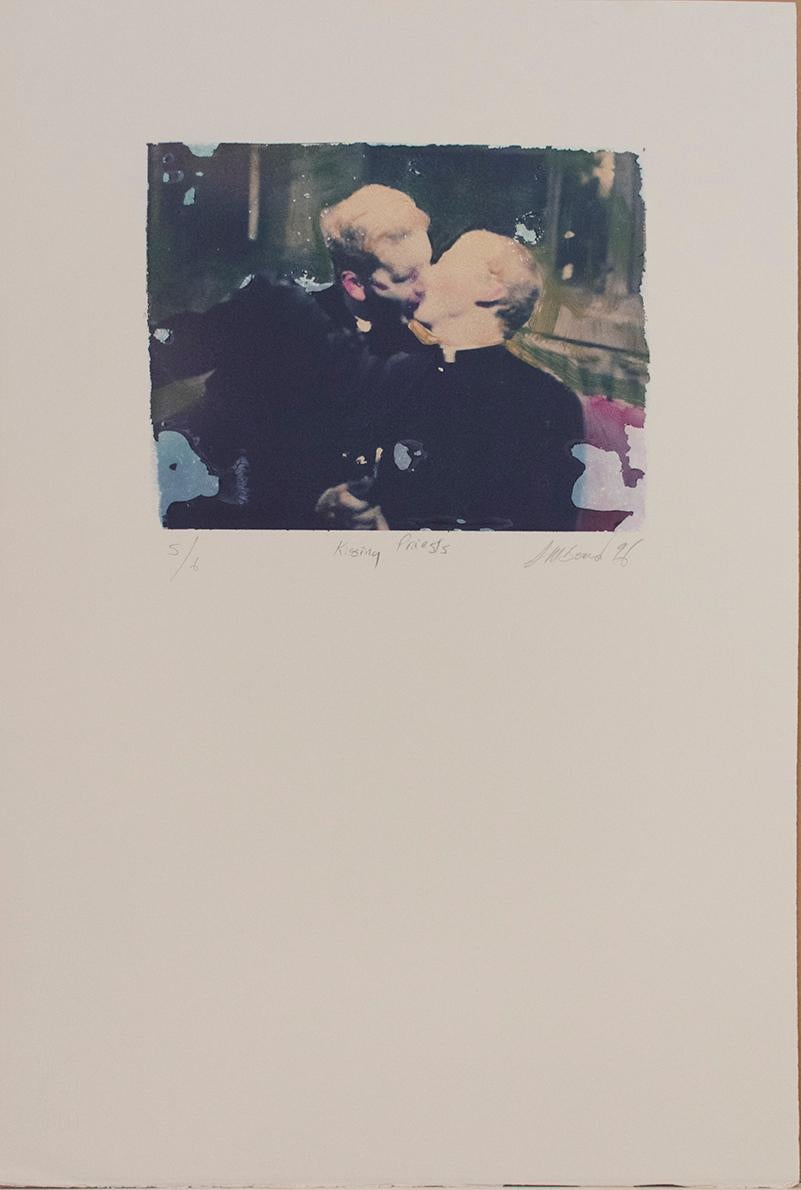 Kissing Priests (Polaroid Transfer of Embracing Clergymen on Rives BFK) - Photograph by Mark Beard