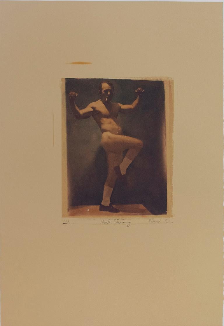 Mark Dancing (Polaroid Transfer of a Nude Man Smoking in Socks on Rives BFK) - Photograph by Mark Beard