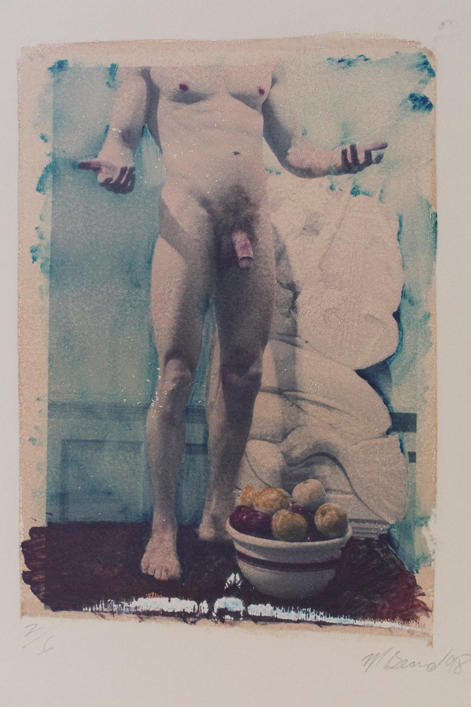 Mark Beard Figurative Photograph - Untitled 14 (Polaroid Transfer of Standing Young Nude Male on Rives BFK)