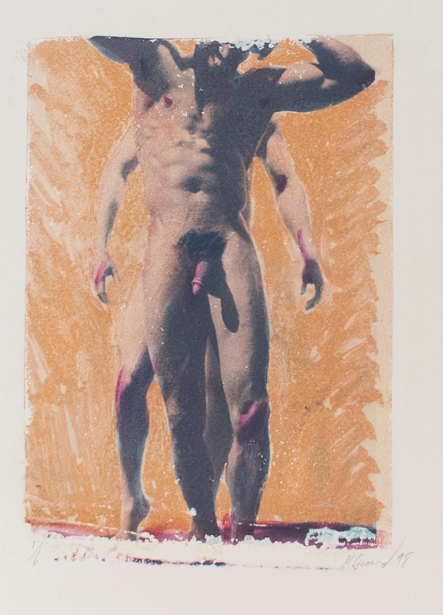 Mark Beard Nude Photograph - Untitled 16 (Polaroid Transfer of Standing Young Nude Men on Rives BFK)