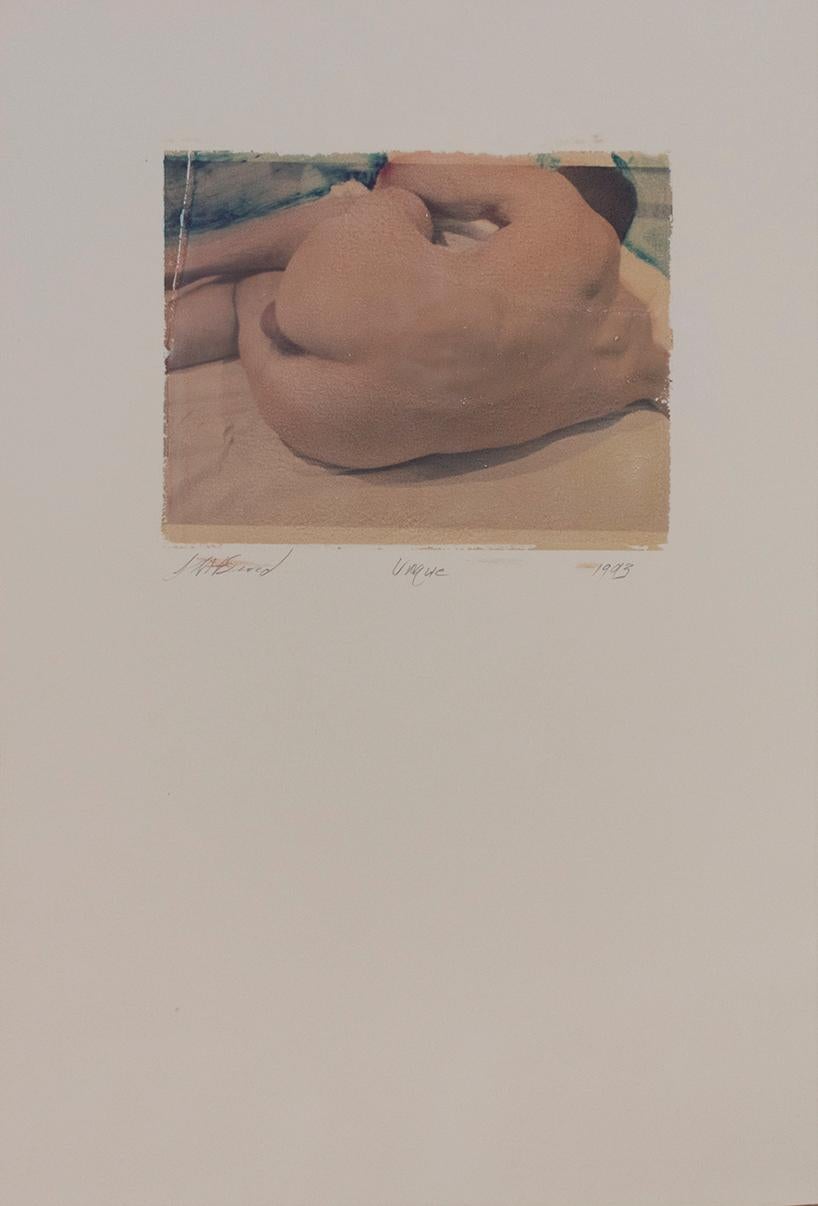 Untitled 19 (Polaroid Transfer of Young Nude Man in Bed on Rives BFK) - Photograph by Mark Beard