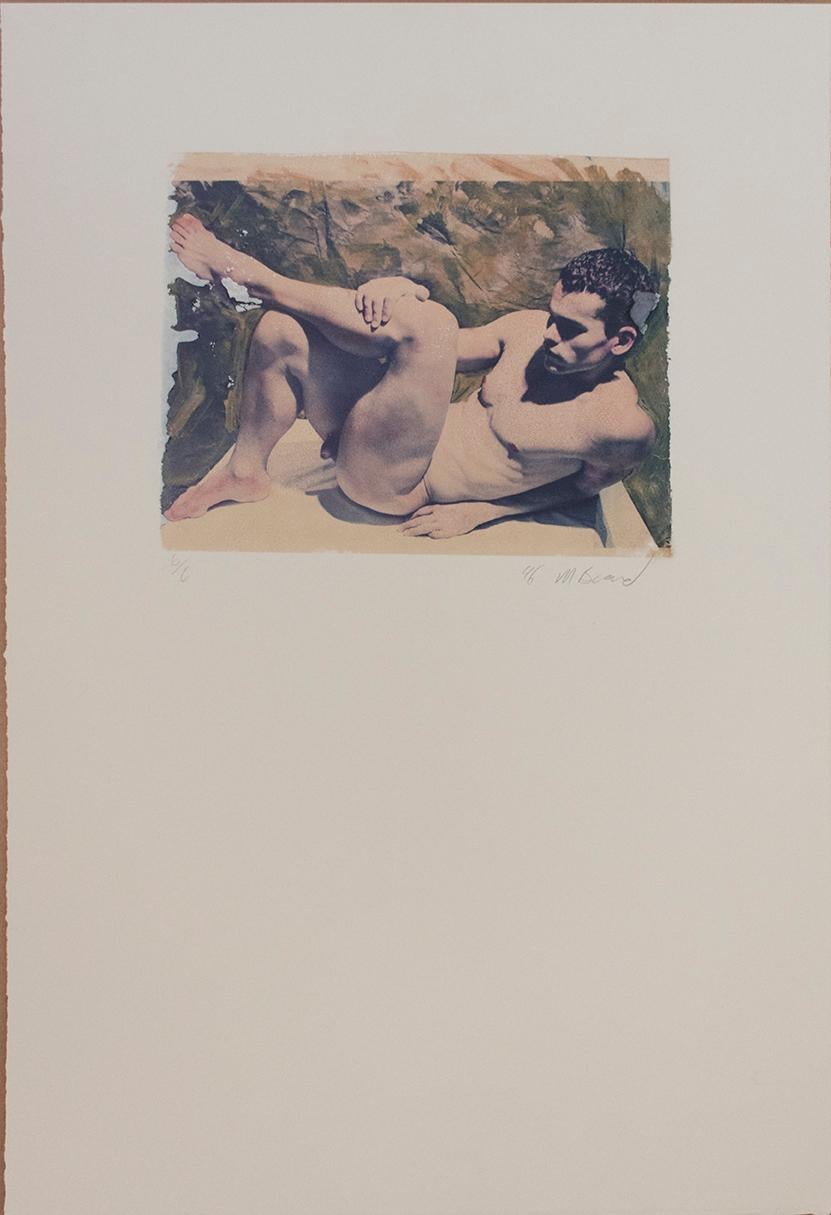 Untitled 7 (Polaroid Transfer of Young Nude Man Lying Down on Rives BFK) - Photograph by Mark Beard