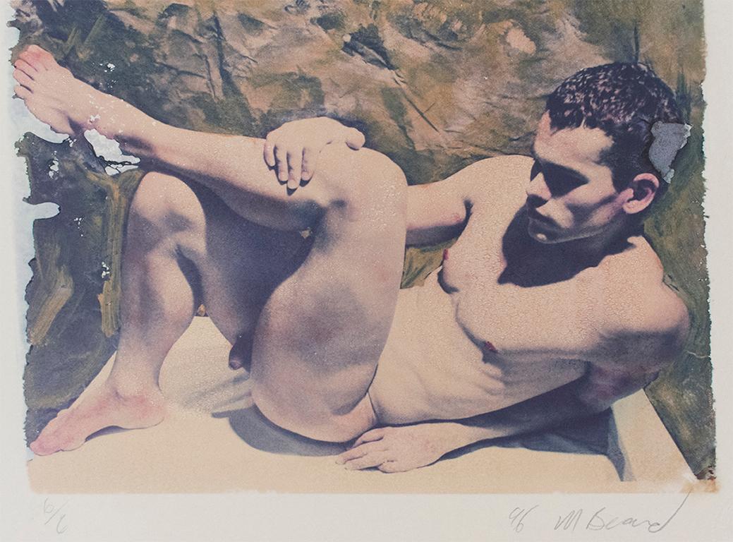 Mark Beard Color Photograph - Untitled 7 (Polaroid Transfer of Young Nude Man Lying Down on Rives BFK)