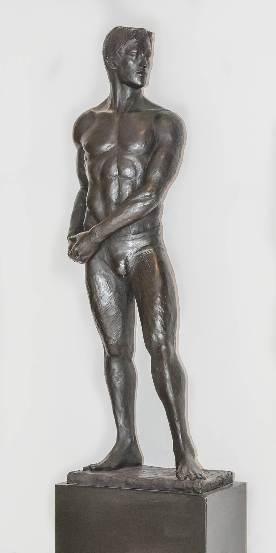 modern figurative bronze sculpture of a nude athlete 
29 x 9 x 5 inches
Base measures 11 x 11  7 inches

This figurative bronze sculpture was originally made as a study for the larger than life sized sculptures commissioned by the artist for the