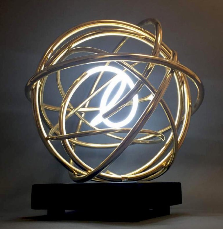 24ct Gold Plated Copper and White Neon Orb Sculpture on Painted Aluminium Plinth - Black Abstract Sculpture by Mark Beattie