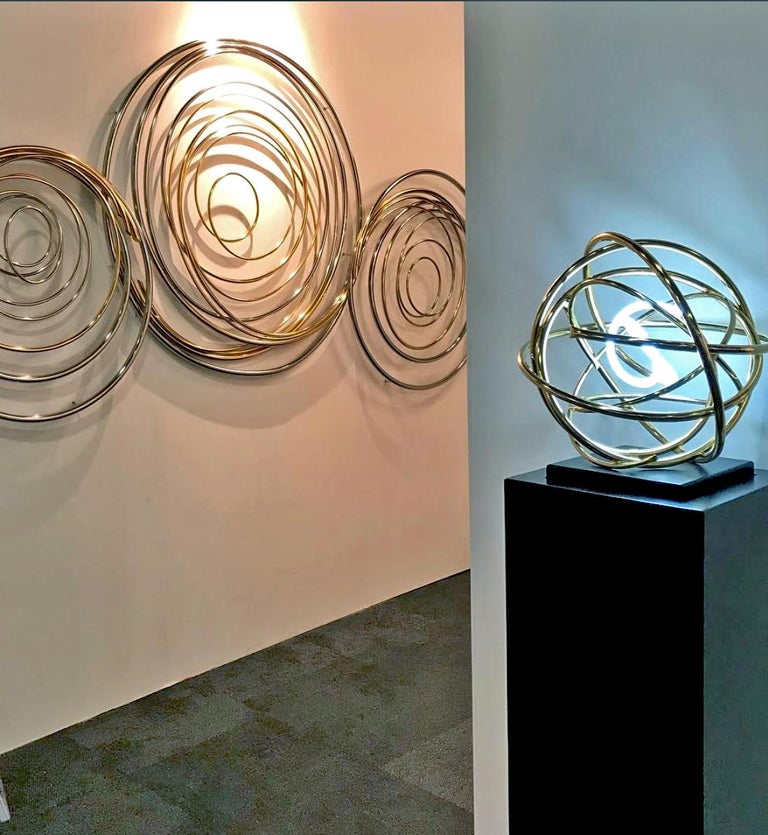 24ct Gold Plated Copper and White Neon Orb Sculpture on Painted Aluminium Plinth For Sale 1