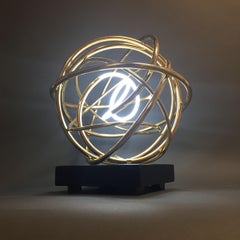 24ct Gold Plated Copper and White Neon Orb Sculpture on Painted Aluminium Plinth