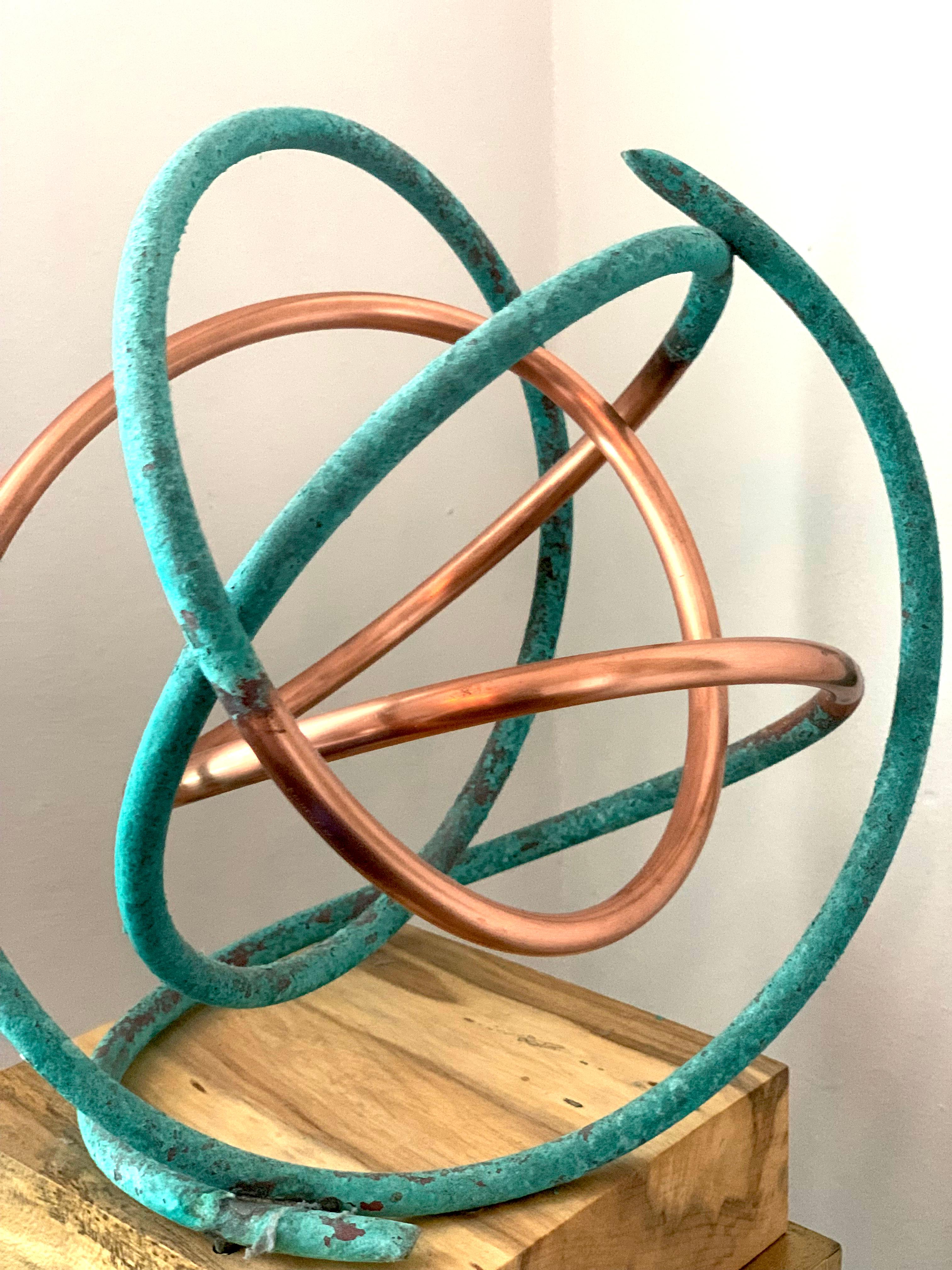 Copper in Verdigris Sculpture - Weather and polished copper on sycamore base - Beige Abstract Sculpture by Mark Beattie