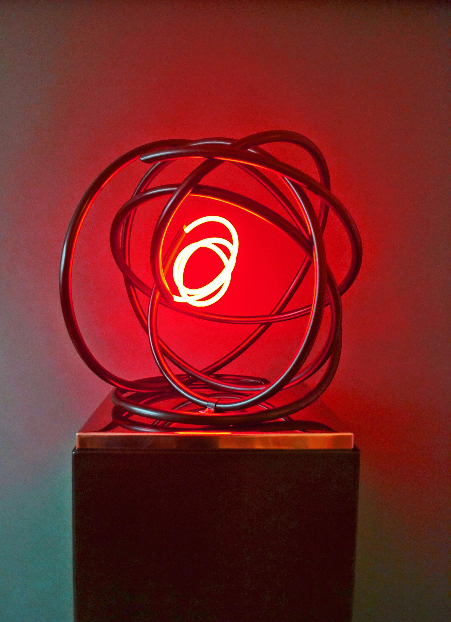 Red neon Orb sculpture copper, mirror polished stainless steel plinth - Sculpture by Mark Beattie