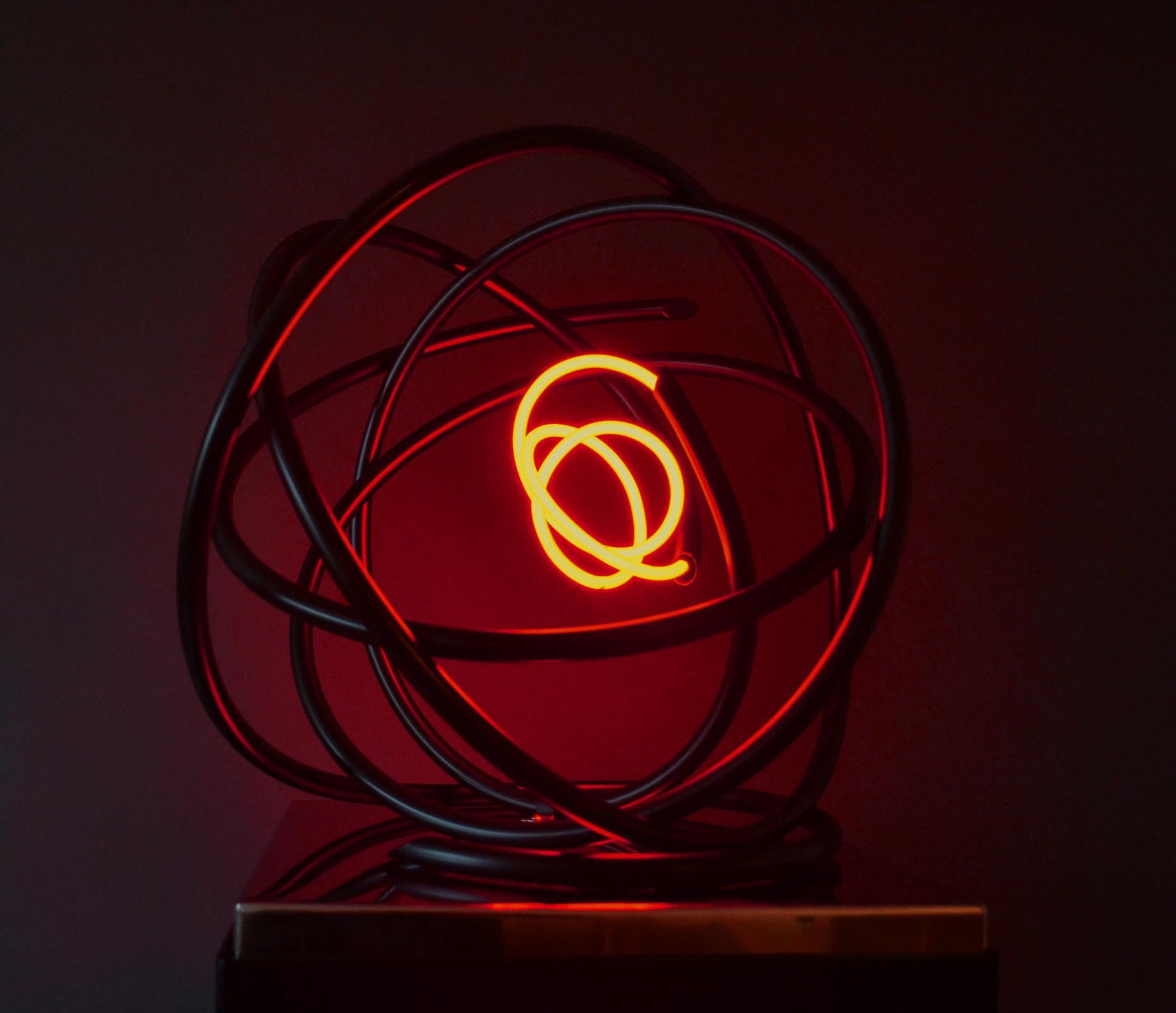 Red neon Orb sculpture copper, mirror polished stainless steel plinth For Sale 1