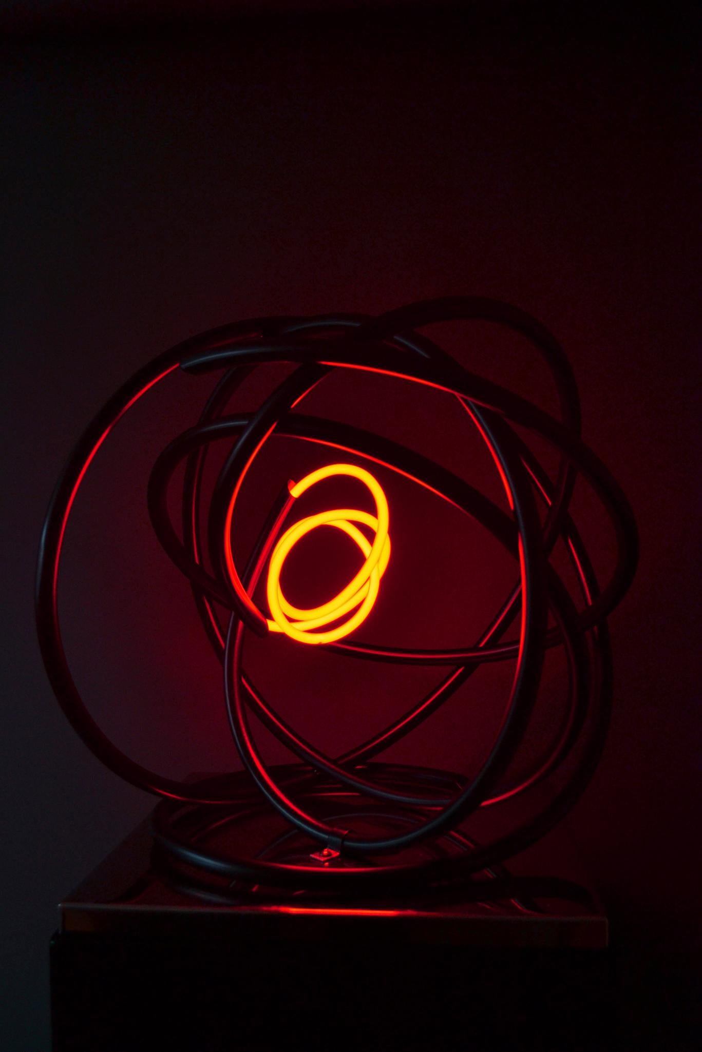 Red neon Orb sculpture copper, mirror polished stainless steel plinth For Sale 2