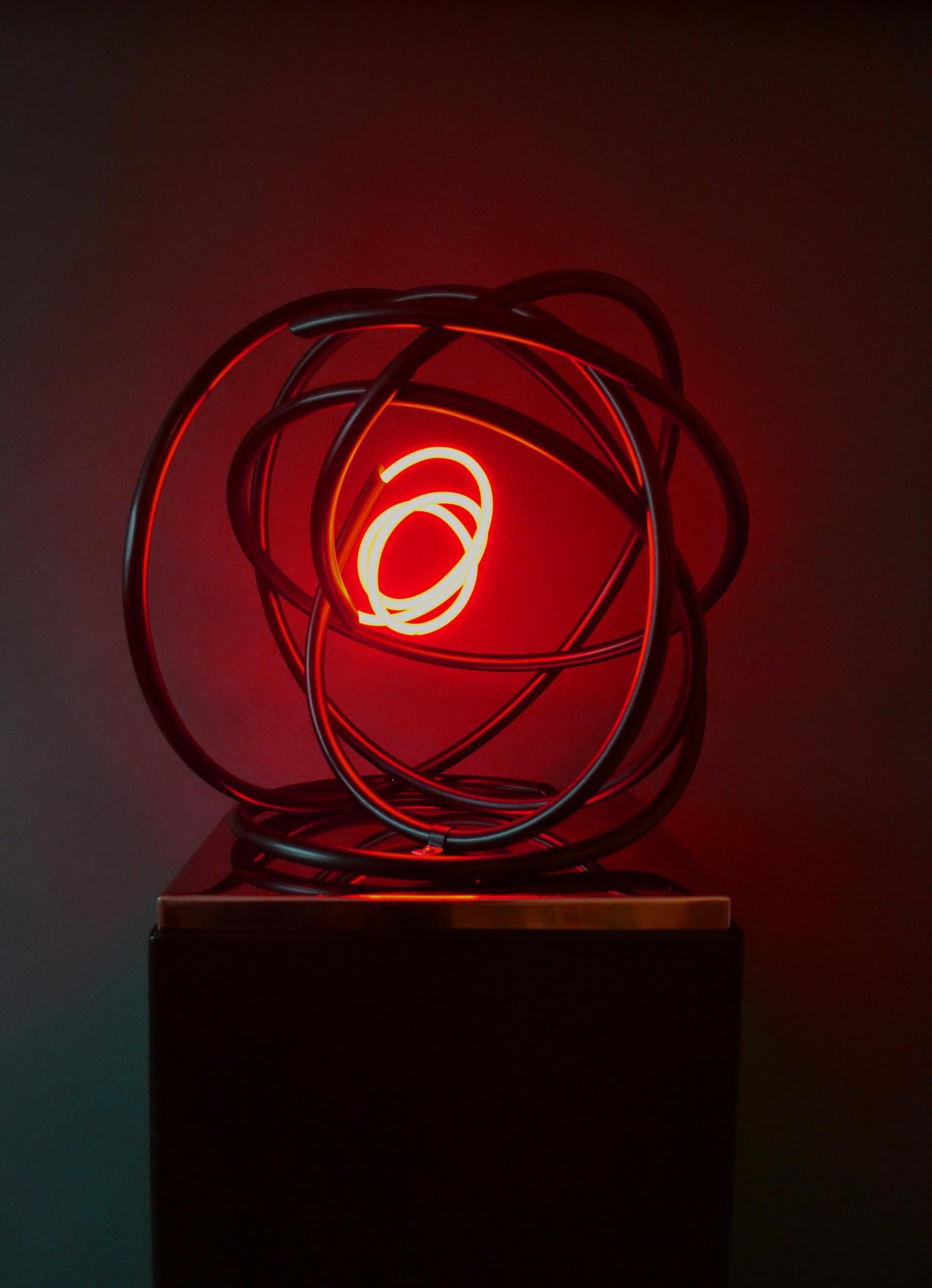 Mark Beattie Still-Life Sculpture - Red neon Orb sculpture copper, mirror polished stainless steel plinth