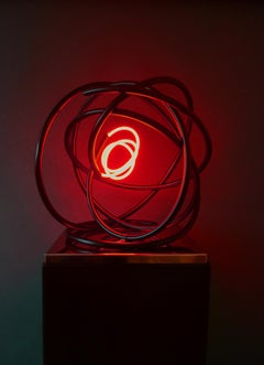 Red neon Orb sculpture copper, mirror polished stainless steel plinth