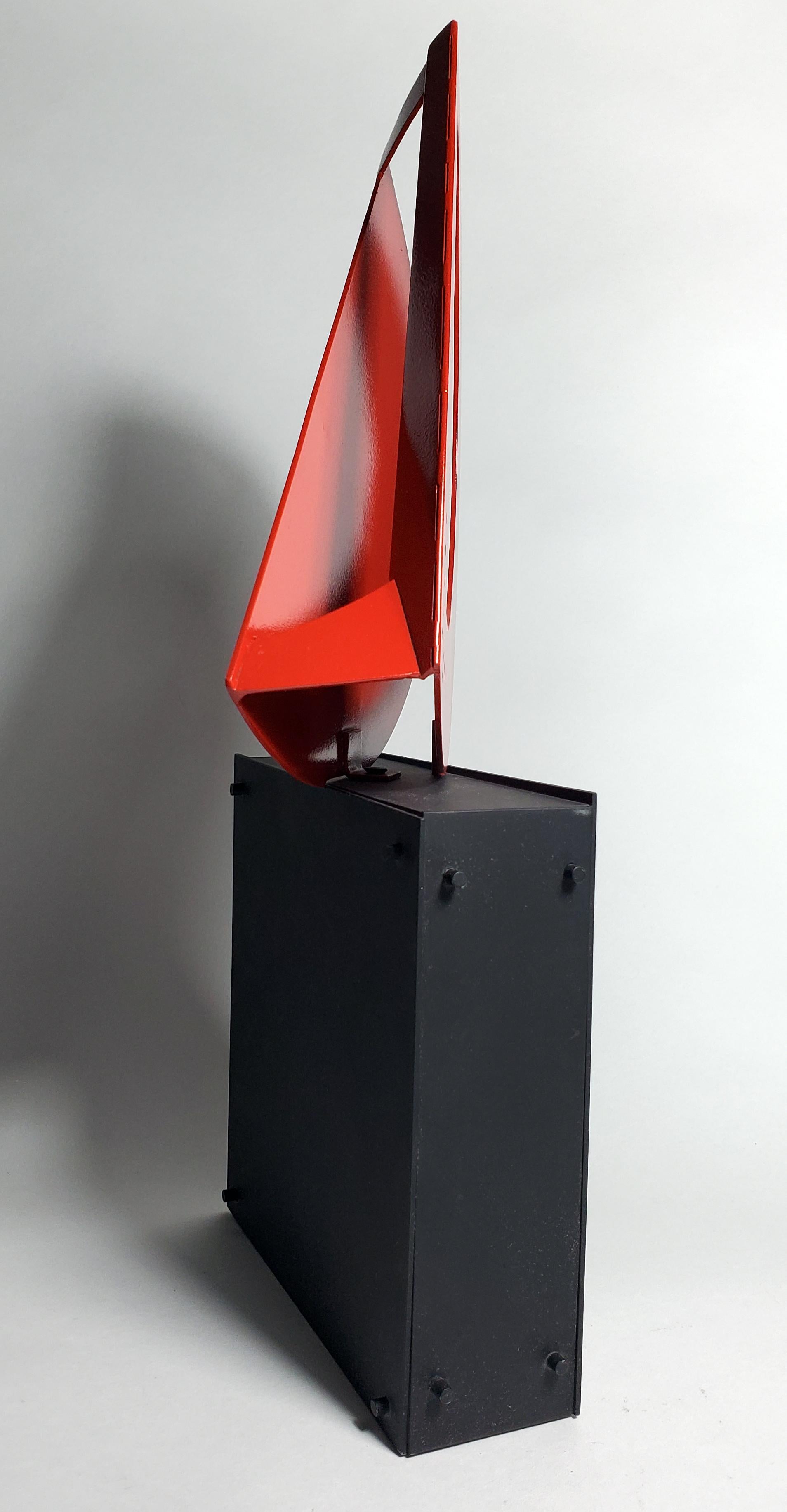 Dynamic red sculpture embracing the principles of Constructivism, 