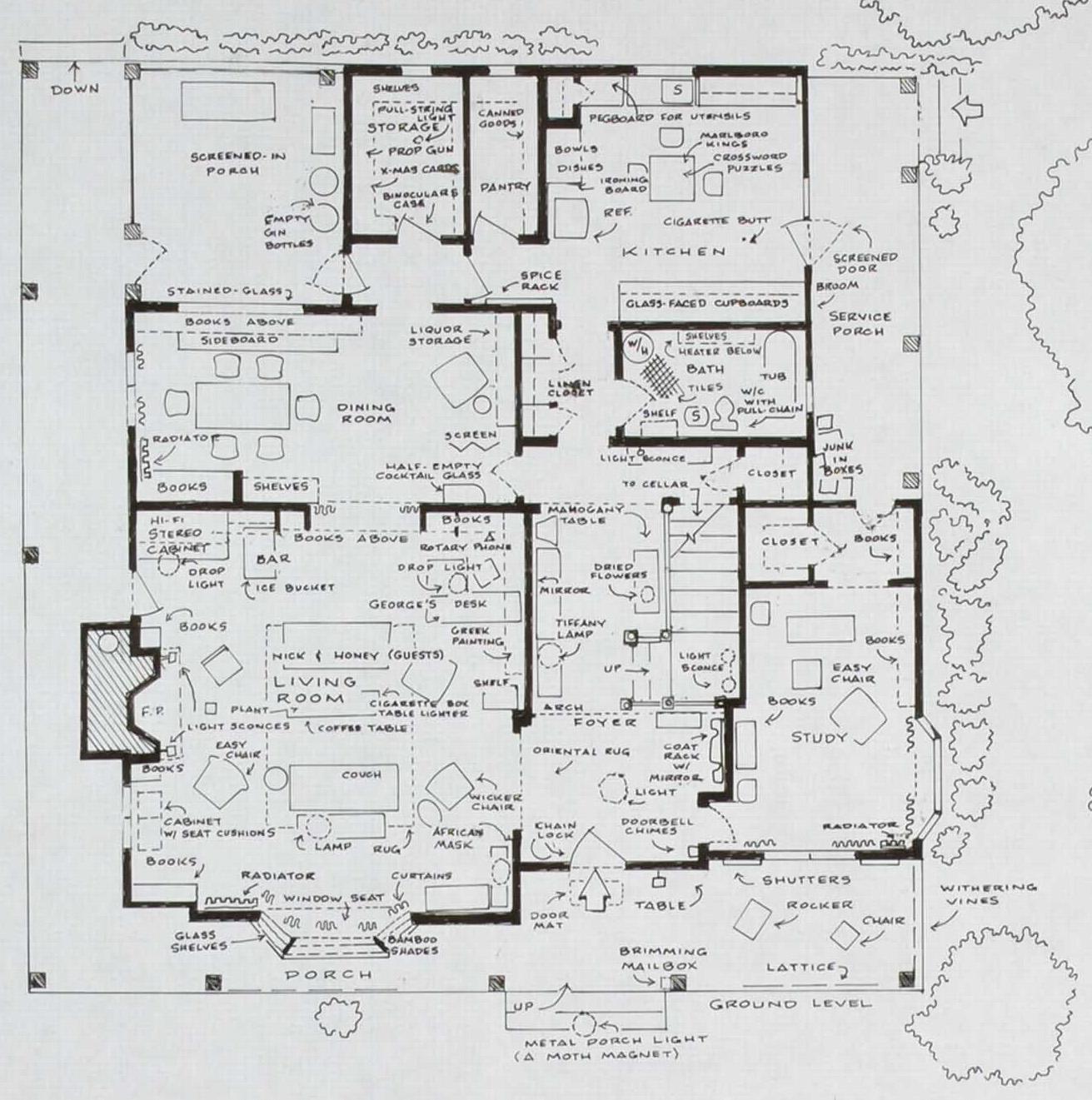 Home of George & Martha (Who's Afraid of Virginia Woolf) , 2007

Additional information:
Medium: India ink and graphite on vellum
Dimensions: 30 × 42 in (76.2 × 106.7 cm)

Mark Bennett's (b. 1956, Tennessee) whimsical works engage with pop culture