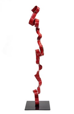 Distressed Red - tall, playful, glossy, painted, ribbon, steel, sculpture
