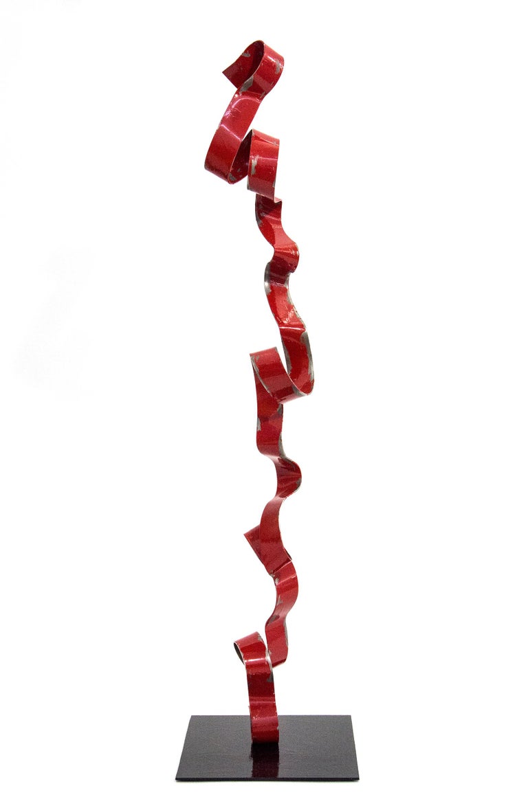 Mark Birksted Abstract Sculpture - Distressed Red - tall, playful, glossy, painted, ribbon, steel, sculpture