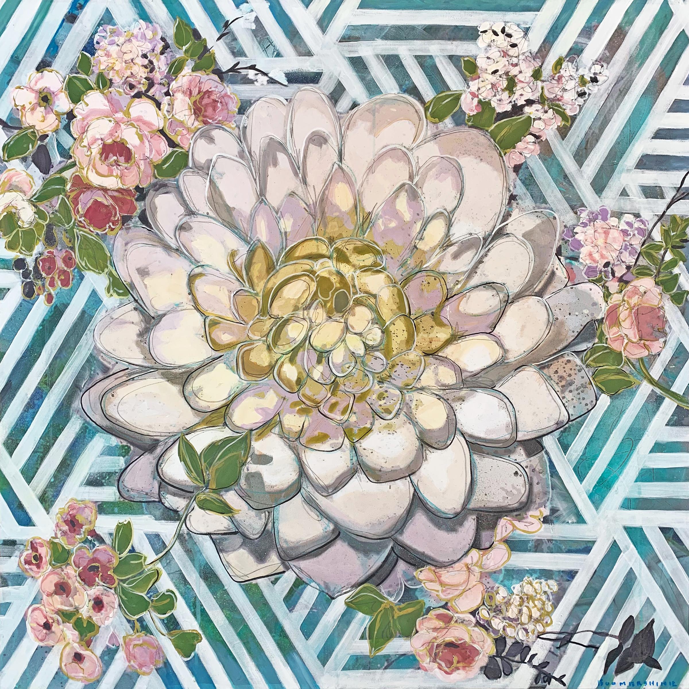 "Crosshatch Teal" - Contemporary Op-Art Pop Art Paintings - Floral - Jasper John - Mixed Media Art by Mark Boomershine