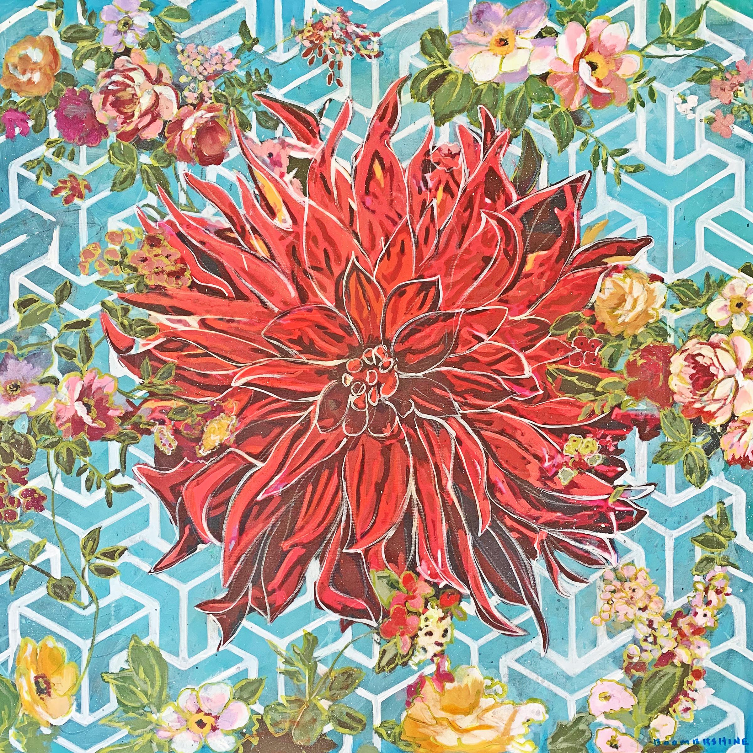 "Geo Teal" - Contemporary Op-Art Pop Art Paintings - Floral - Jasper Johns - Mixed Media Art by Mark Boomershine