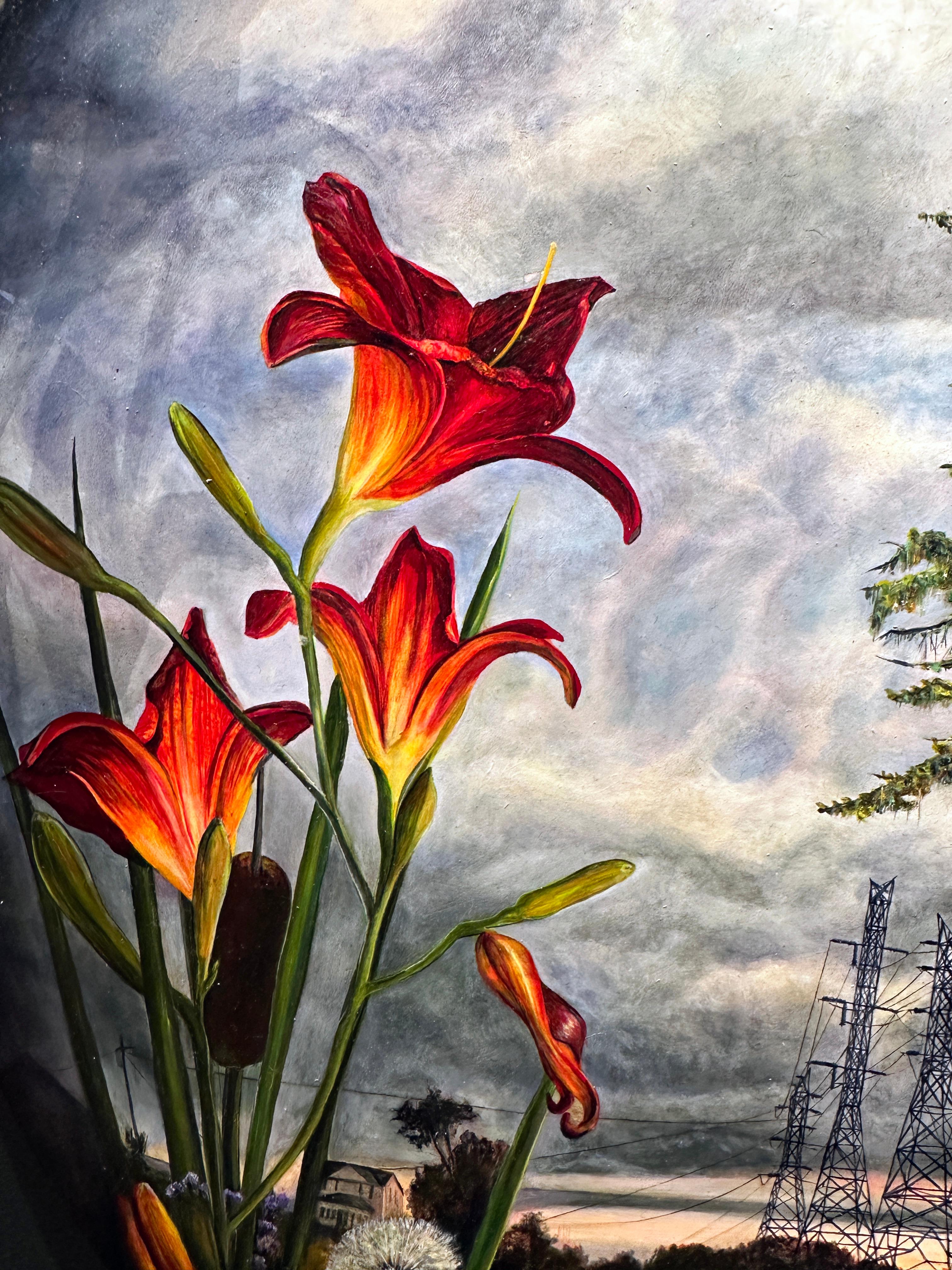 Credulity Lost - Oil Still Life Landscape with Rural and Urban Symbolism - Contemporary Painting by Mark Bowers