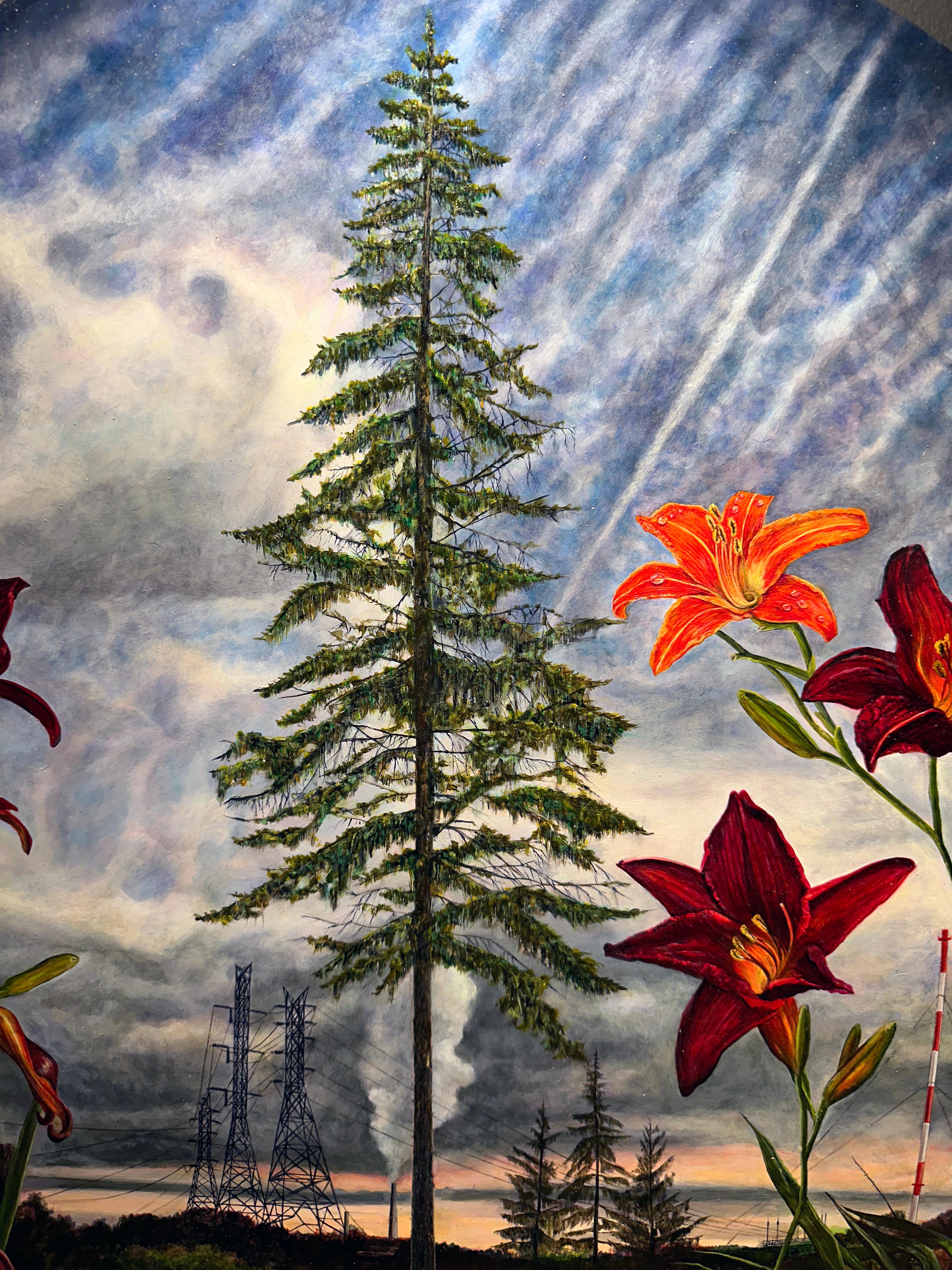 Credulity Lost - Oil Still Life Landscape with Rural and Urban Symbolism - Gray Landscape Painting by Mark Bowers