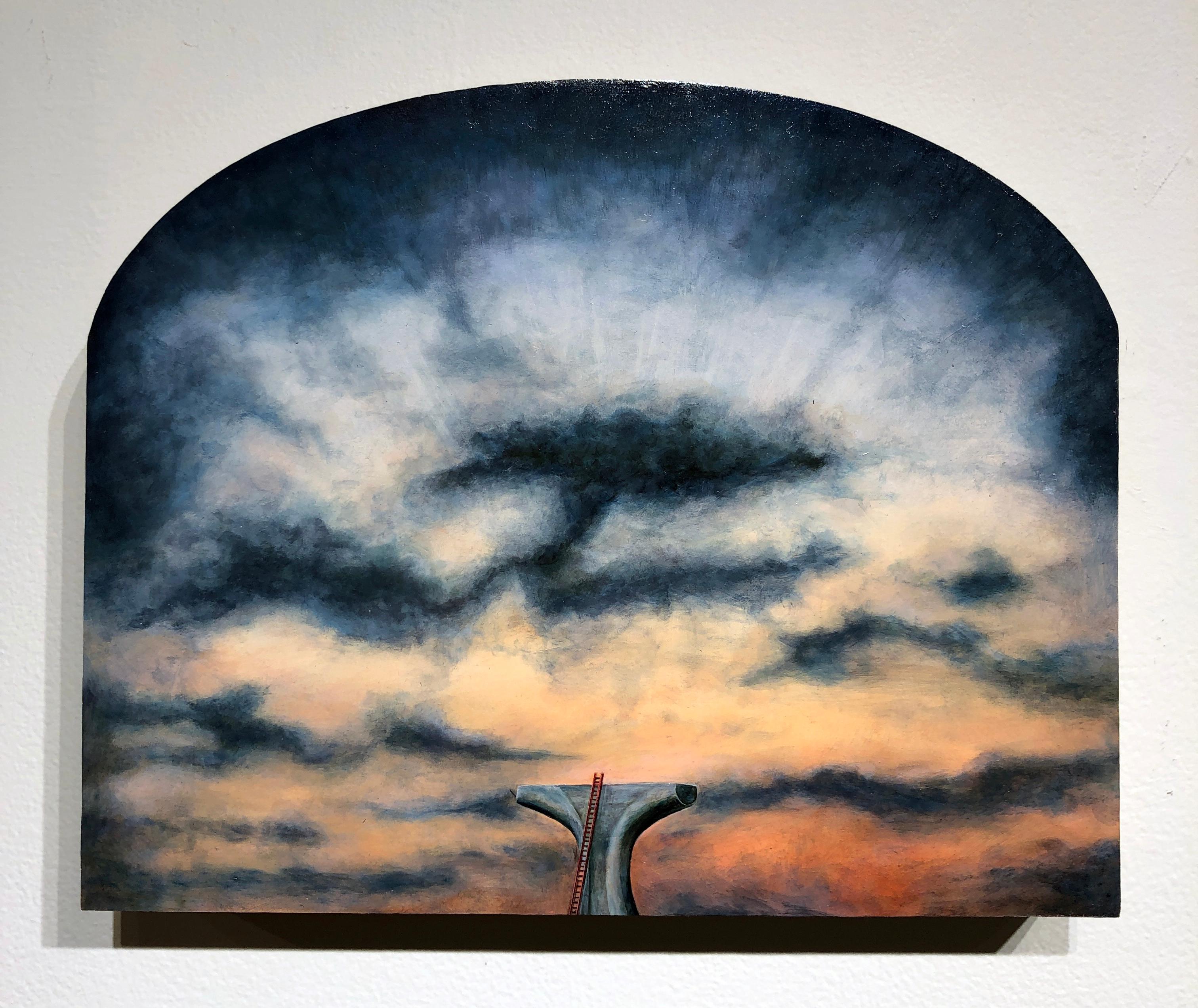 True North - Kurze, surreale Landschaft mit orangefarbenem und blauem Himmel, verstreuten Wolken (Zeitgenössisch), Painting, von Mark Bowers