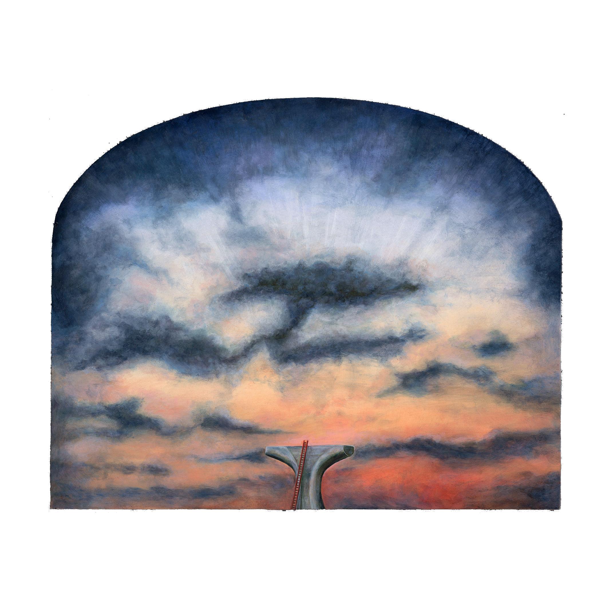 Landscape Painting di Mark Bowers - True North - Breve paesaggio surreale con cielo arancione e blu e nuvole sparse
