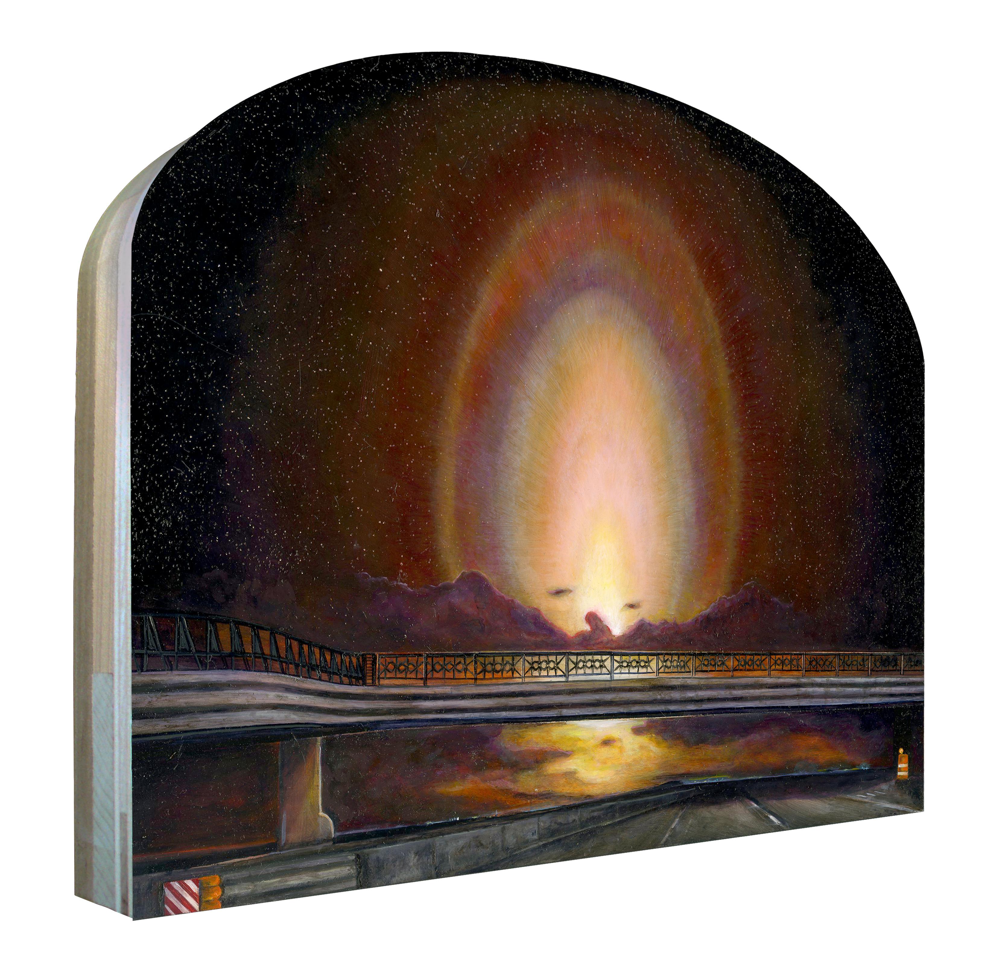 True North - Equity, Surreal Sunset Over a Bridge and Highway - Painting by Mark Bowers