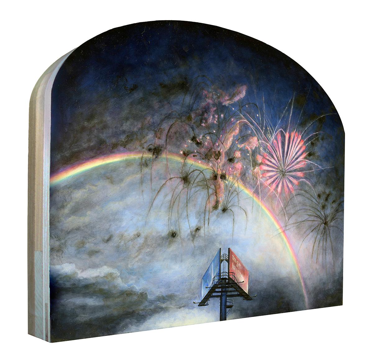 True North - Orientation, Surreal Sky with Billboard, Rainbow and Fireworks - Painting by Mark Bowers