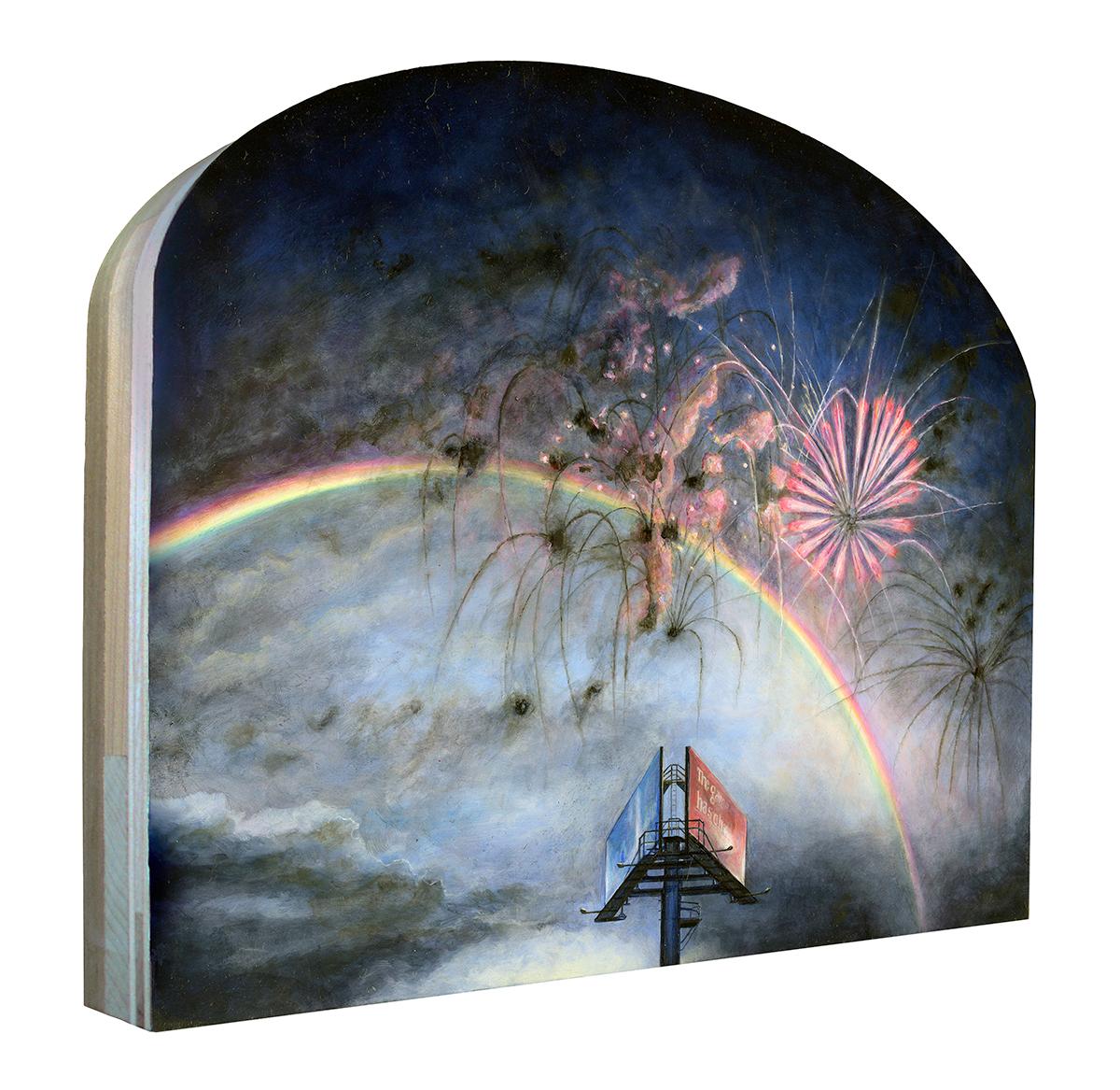 True North - Orientierung, Surrealer Himmel mit Billboard, Regenbogen und Feuerwerk – Painting von Mark Bowers