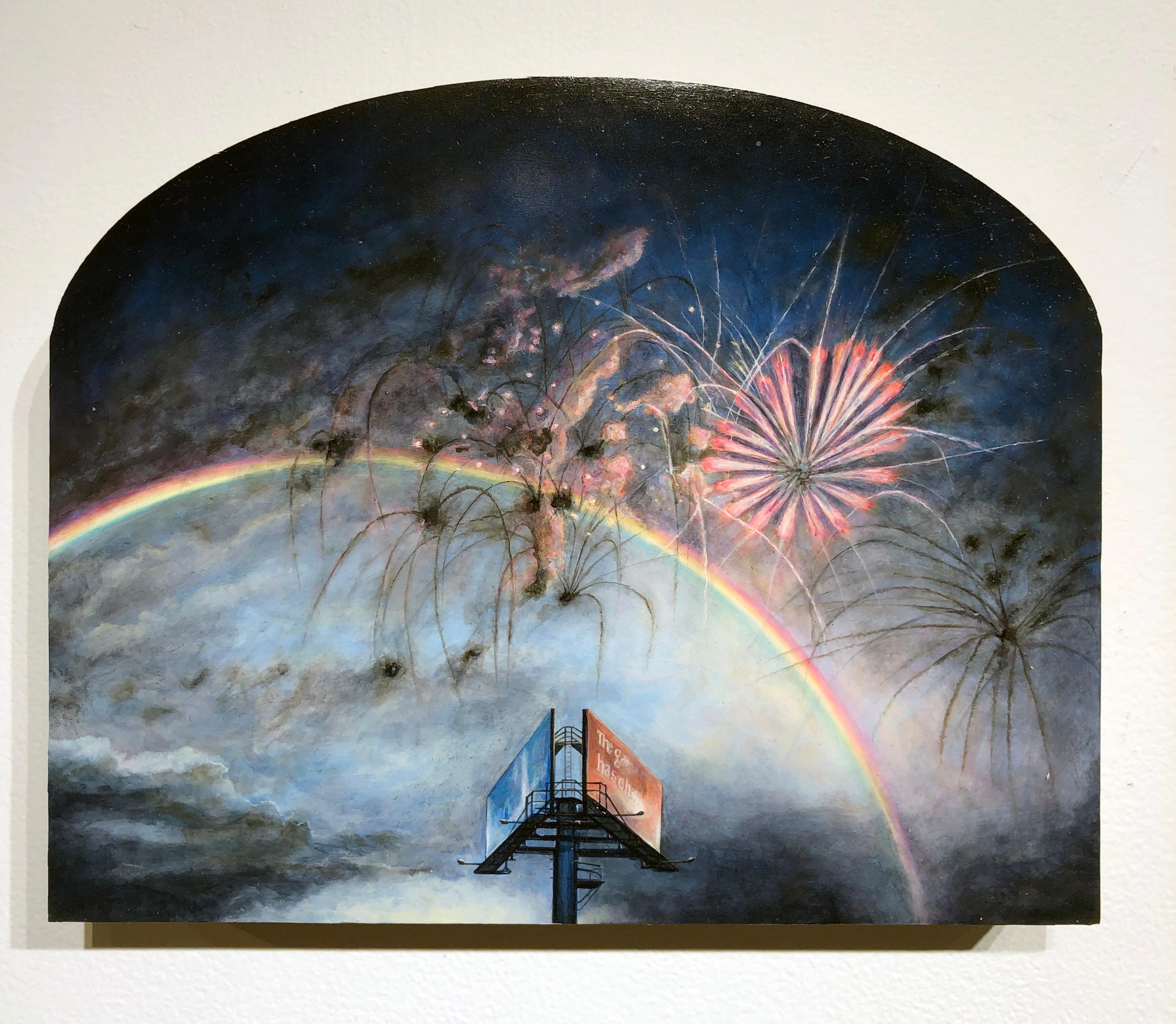 True North - Orientation, ciel surréaliste avec Billboard, arc-en-ciel et feux d'artifice - Contemporain Painting par Mark Bowers