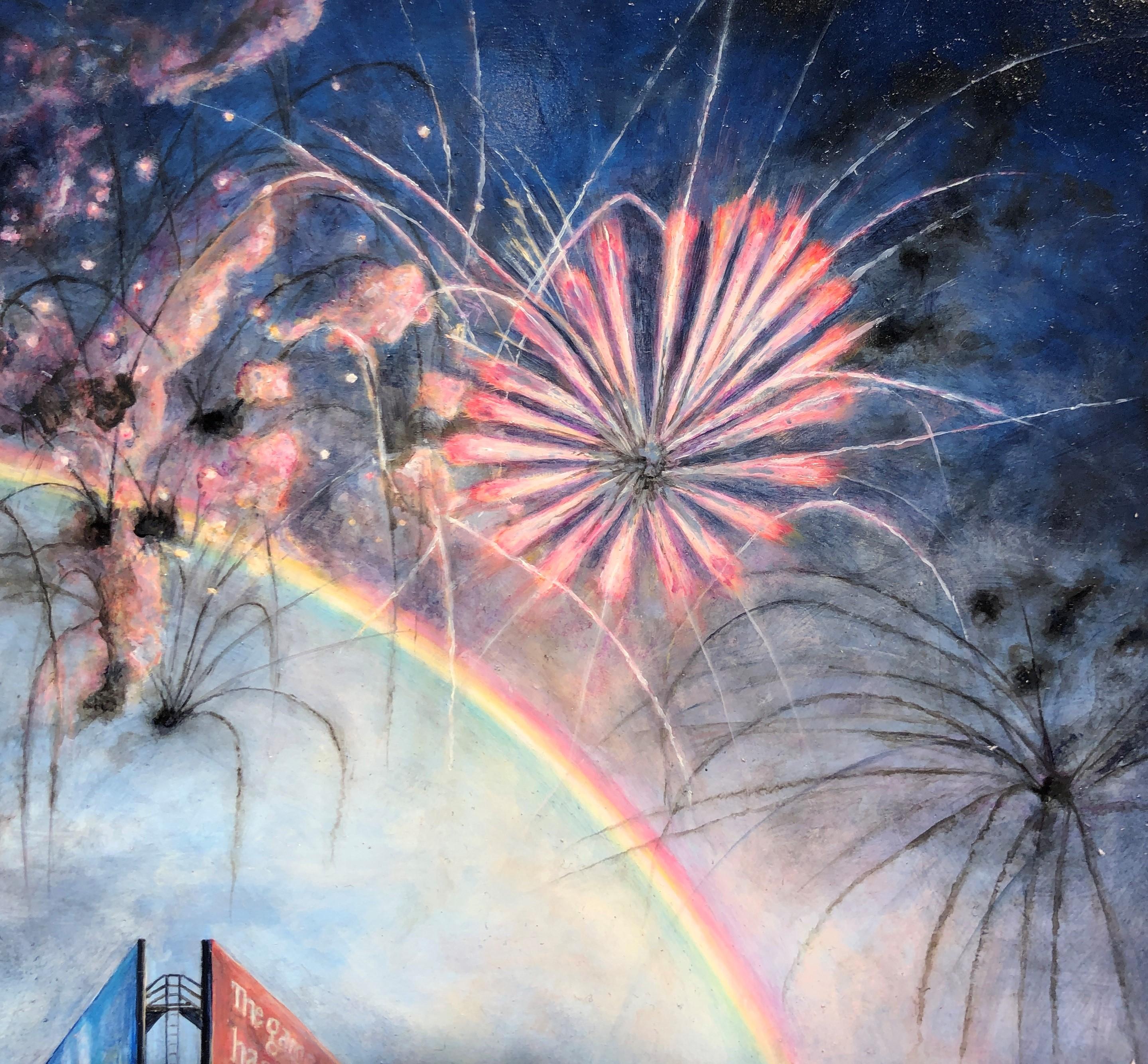 True North - Orientation, ciel surréaliste avec Billboard, arc-en-ciel et feux d'artifice - Gris Landscape Painting par Mark Bowers