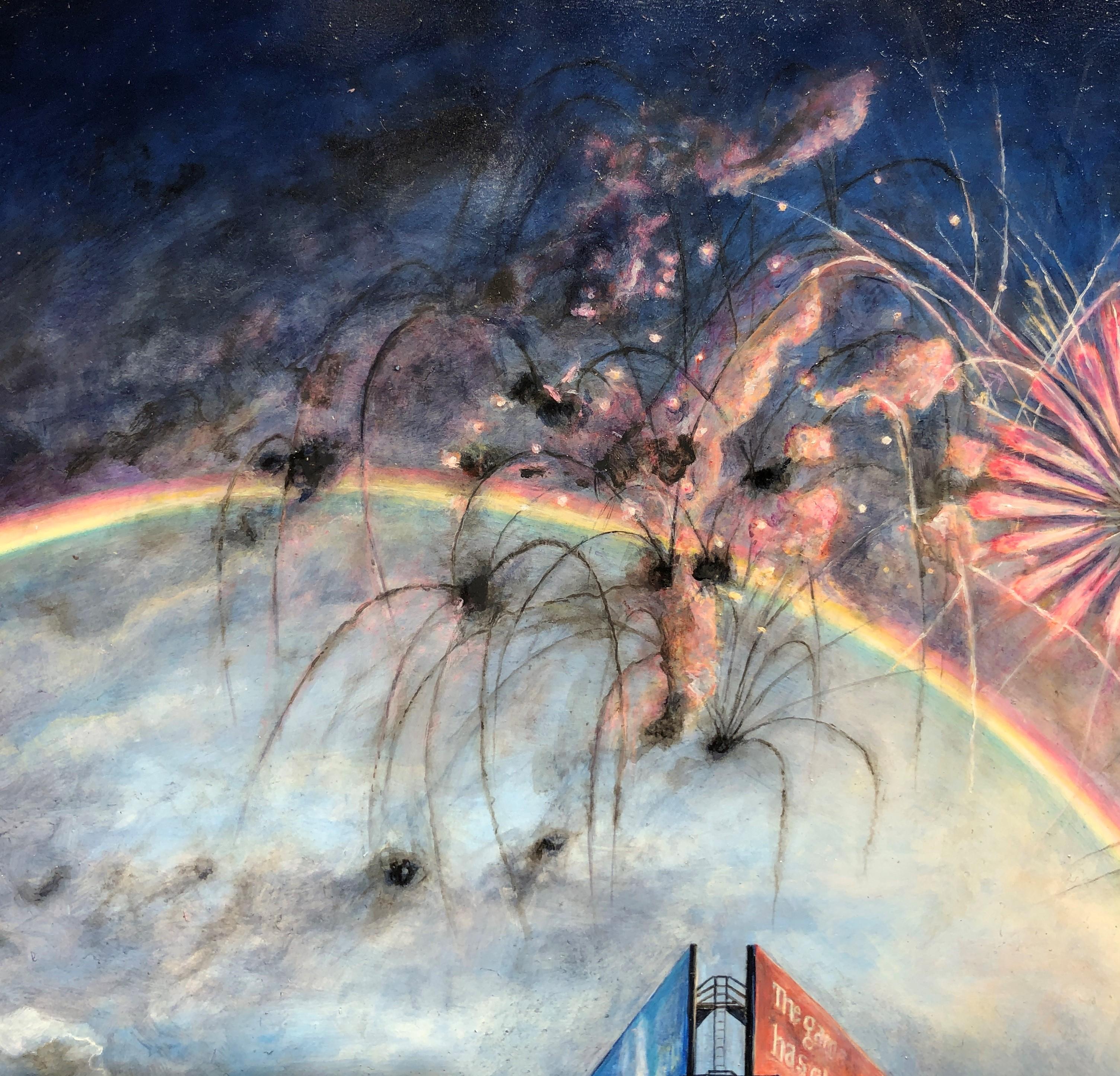 True North - Orientation, Surreal Sky with Billboard, Rainbow and Fireworks - Contemporary Painting by Mark Bowers
