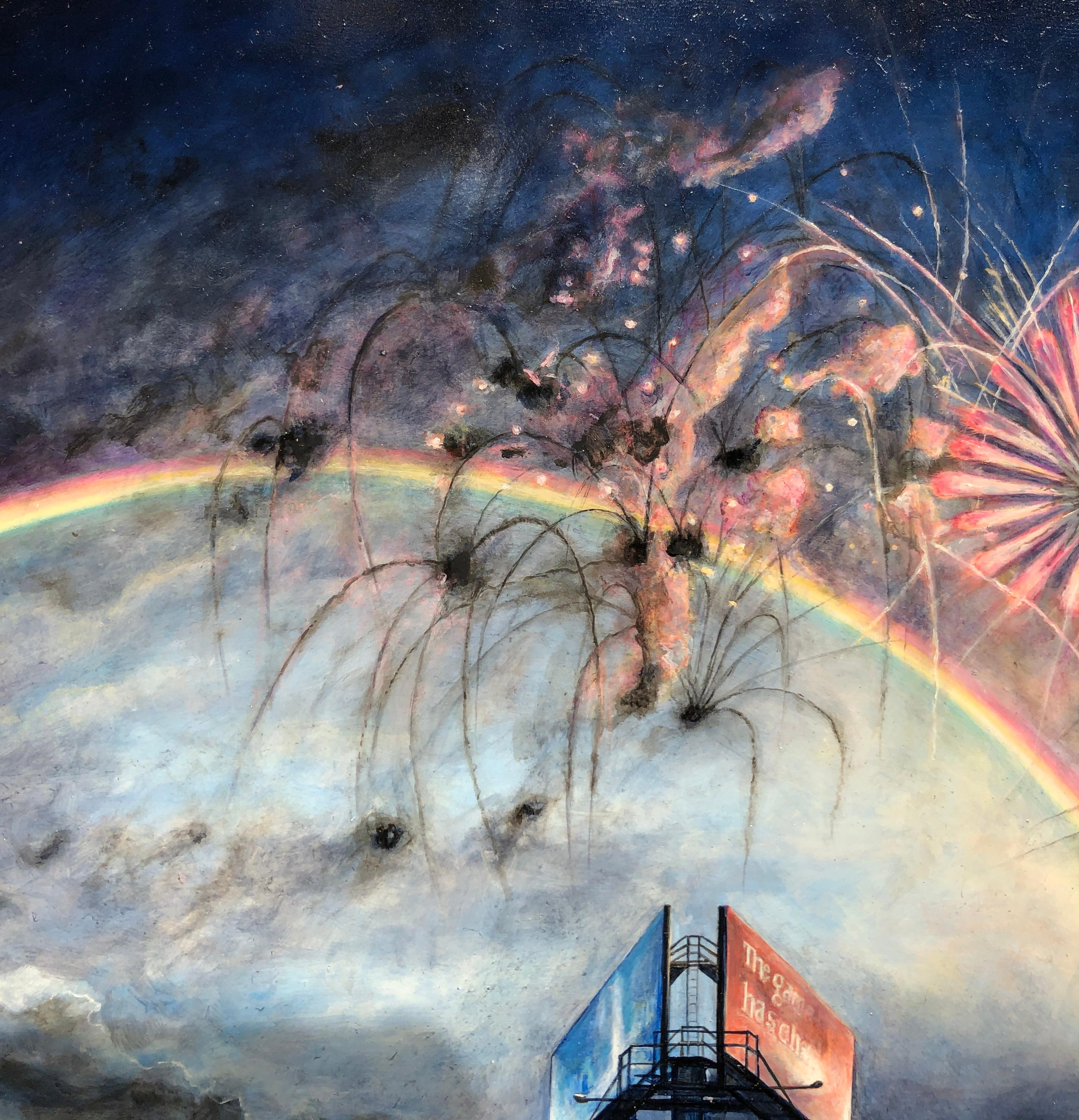 True North - Orientation, Surreal Sky with Billboard, Rainbow and Fireworks - Gray Landscape Painting by Mark Bowers