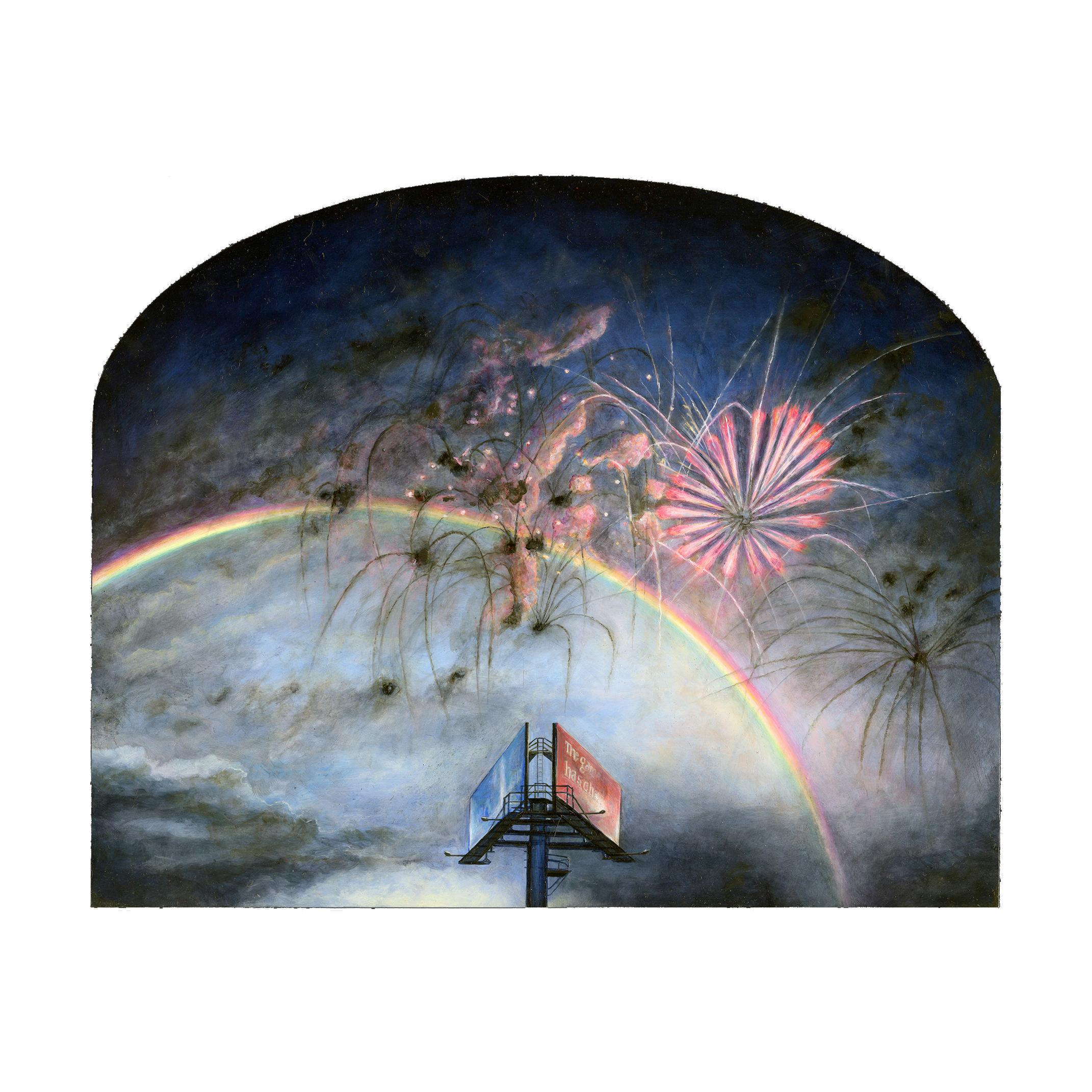 Mark Bowers Landscape Painting - True North - Orientation, Surreal Sky with Billboard, Rainbow and Fireworks