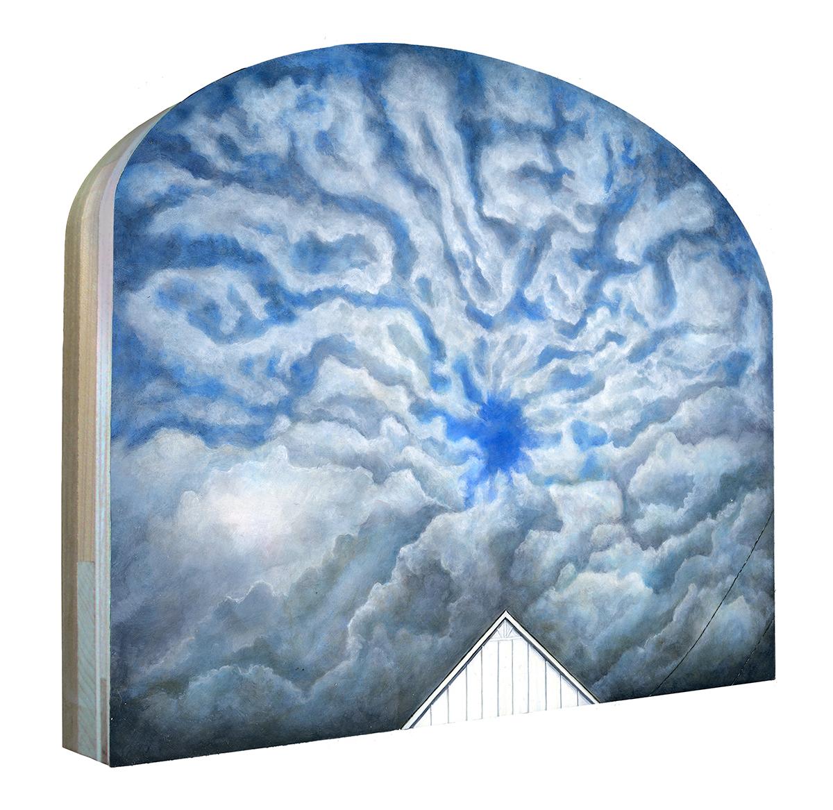 True North - Privilegio, paesaggio surreale con cielo azzurro, nuvole sparse e casa - Painting di Mark Bowers