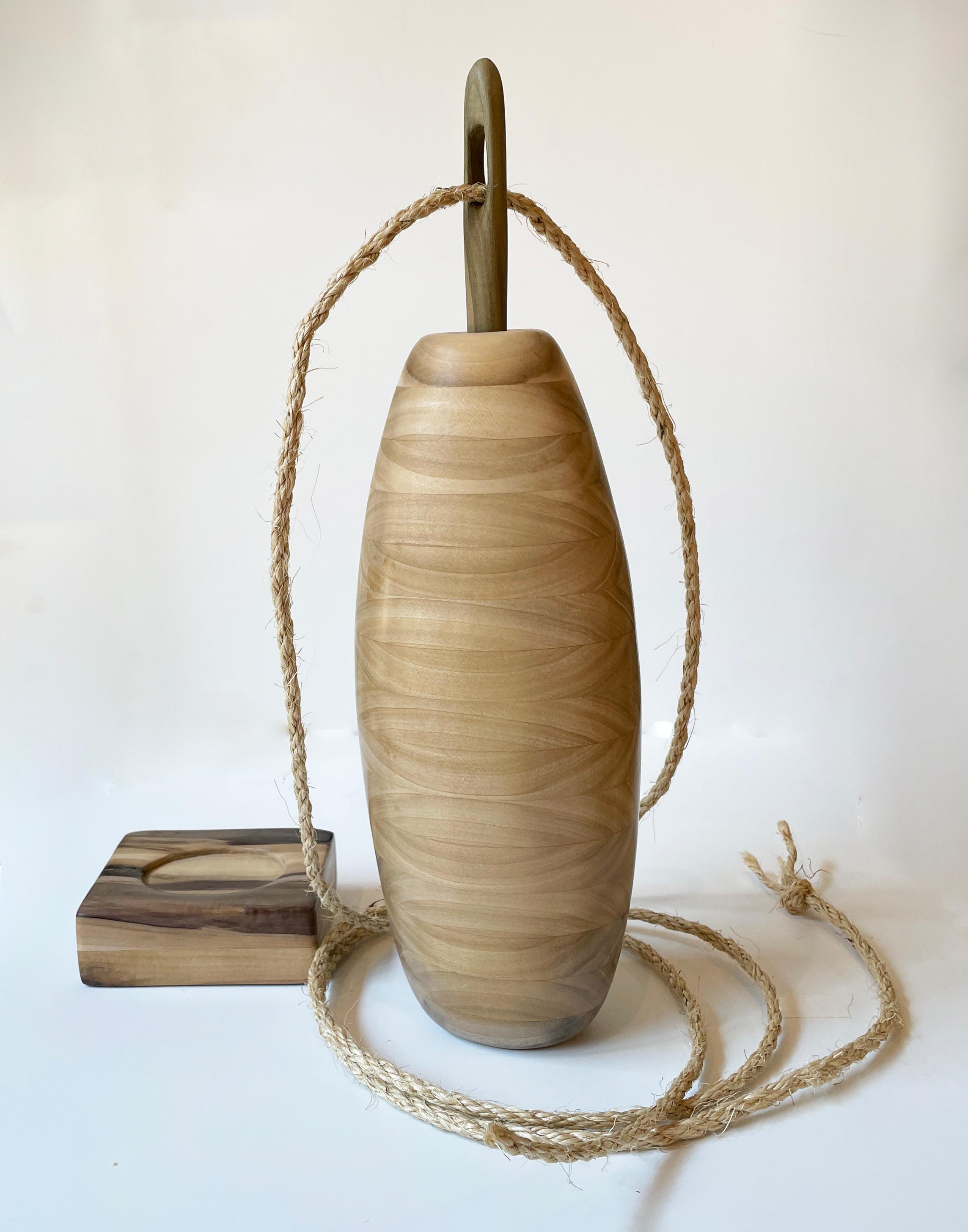 Sewn Dialog, Poplar Wood Sculpture, Vessel with Wooden Needle  - Brown Abstract Sculpture by Mark Bowers
