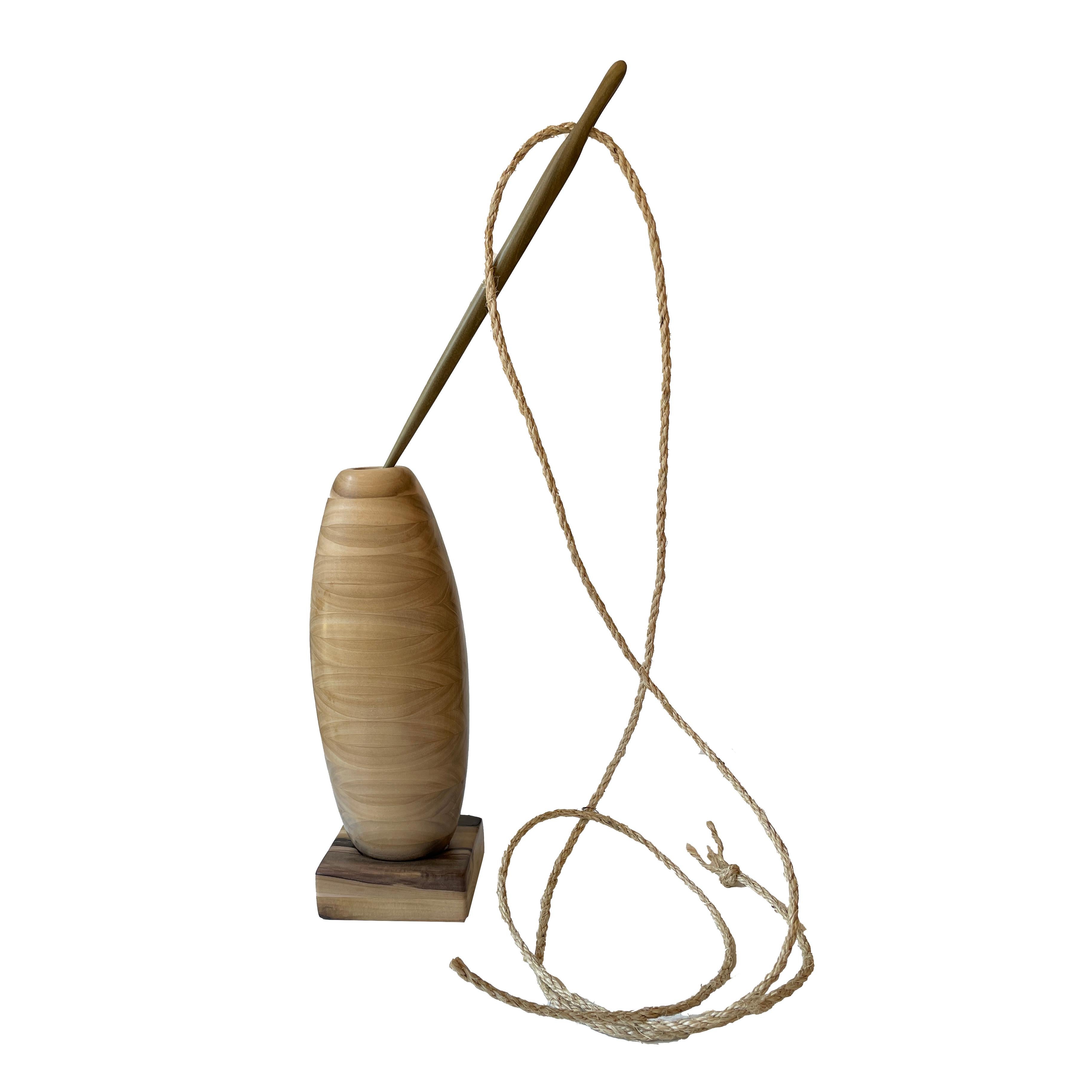 Mark Bowers Abstract Sculpture - Sewn Dialog, Poplar Wood Sculpture, Vessel with Wooden Needle 