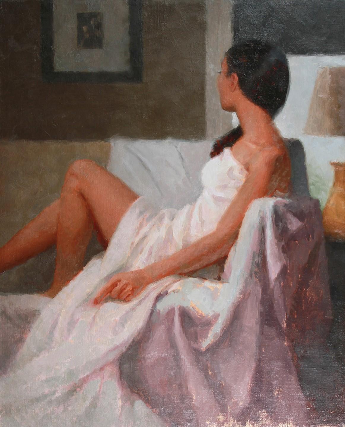 "Draped in White" di Mark Bradley Schwartz è un olio su tela originale che raffigura una modella bruna seduta e drappeggiata con un lenzuolo bianco. 

Originario dell'Illinois, An He ha iniziato la sua vita professionale come graphic designer e art
