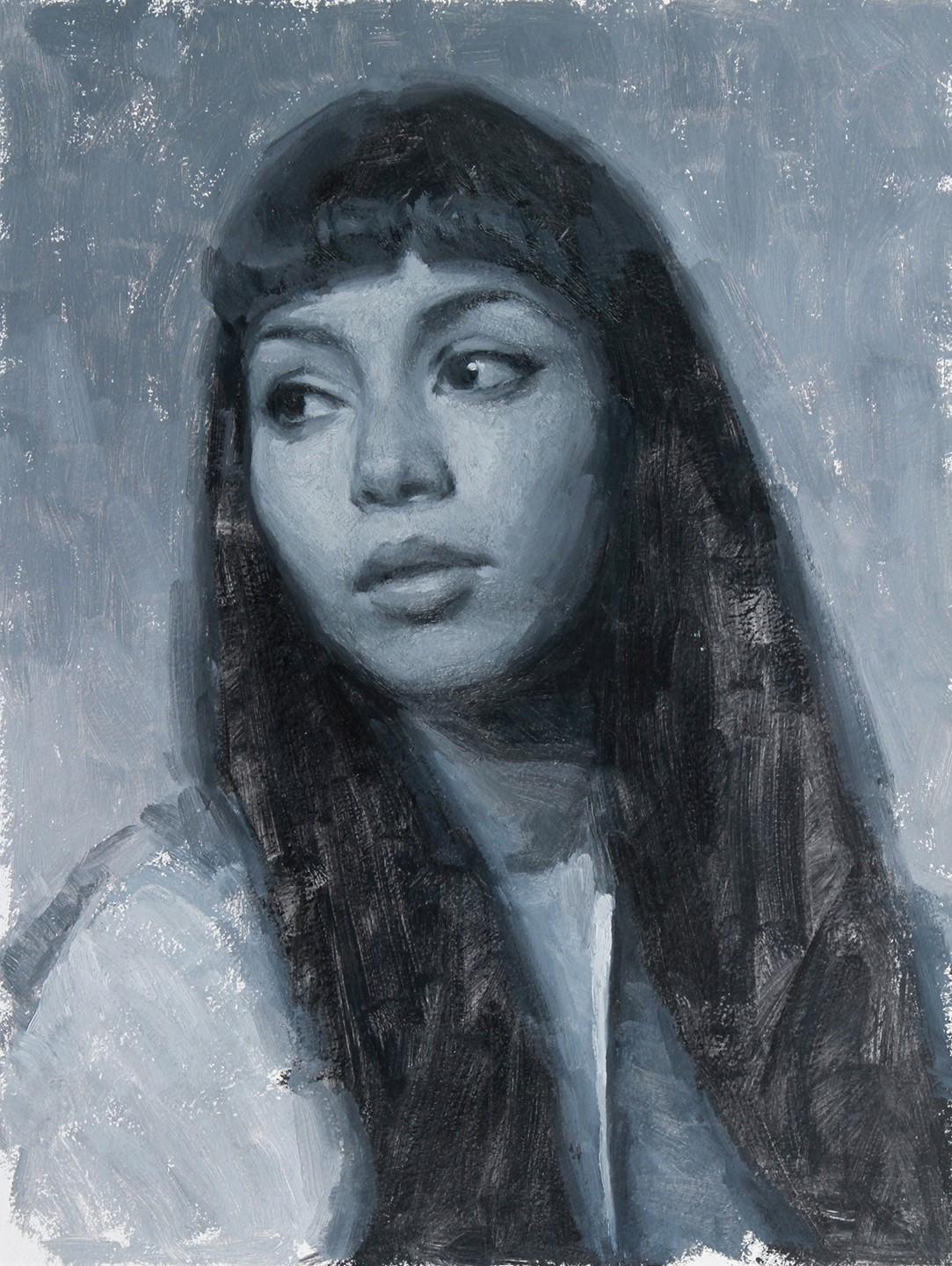 "Looking Away" di Mark Bradley Schwartz è un olio su tela originale che raffigura una modella in una tavolozza monocromatica. 

Originario dell'Illinois, An He ha iniziato la sua vita professionale come graphic designer e art director a St. Louis,