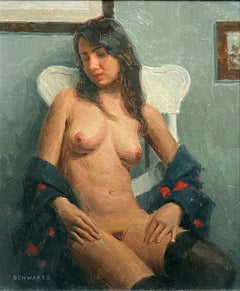 Vintage "Looking Away" by Mark Bradley Schwartz, Oil Painting, Female Nude Portrait