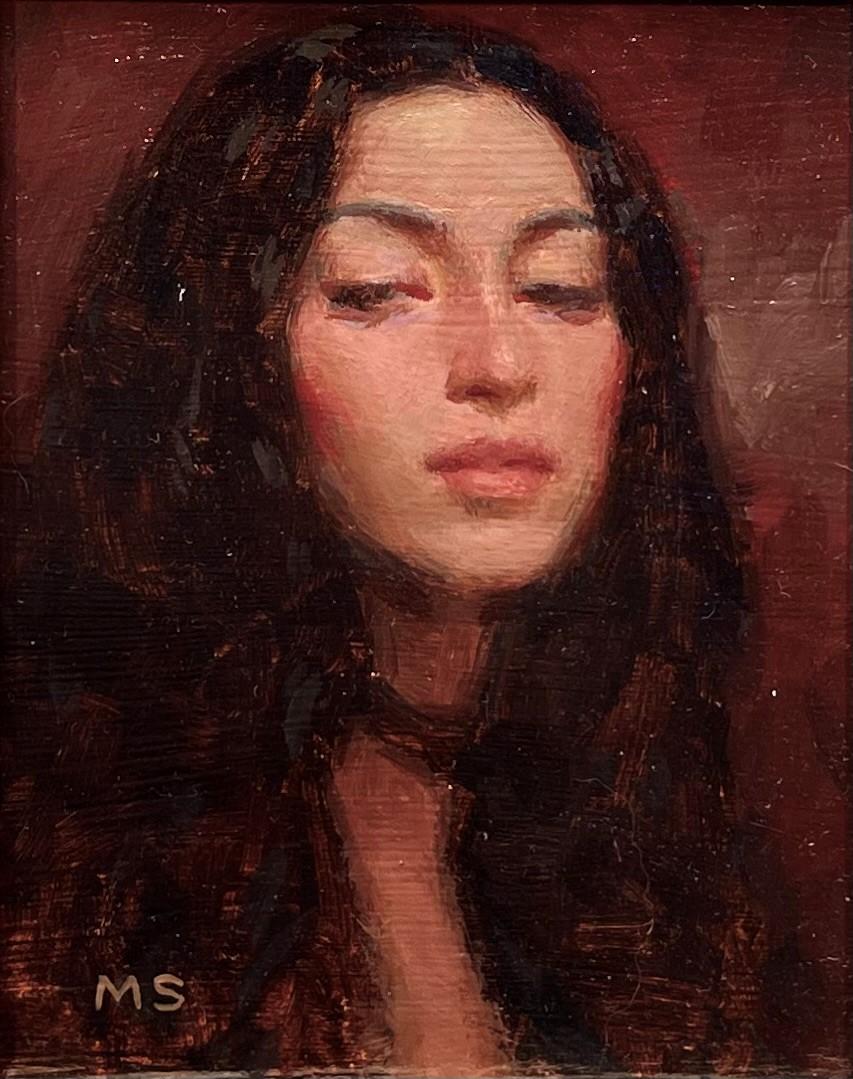 "M. I. 3" di Mark Bradley Schwartz è un olio su tavola originale che raffigura una donna bruna in posa contemplativa.

Originario dell'Illinois, An He ha iniziato la sua vita professionale come graphic designer e art director a St. Louis, nel
