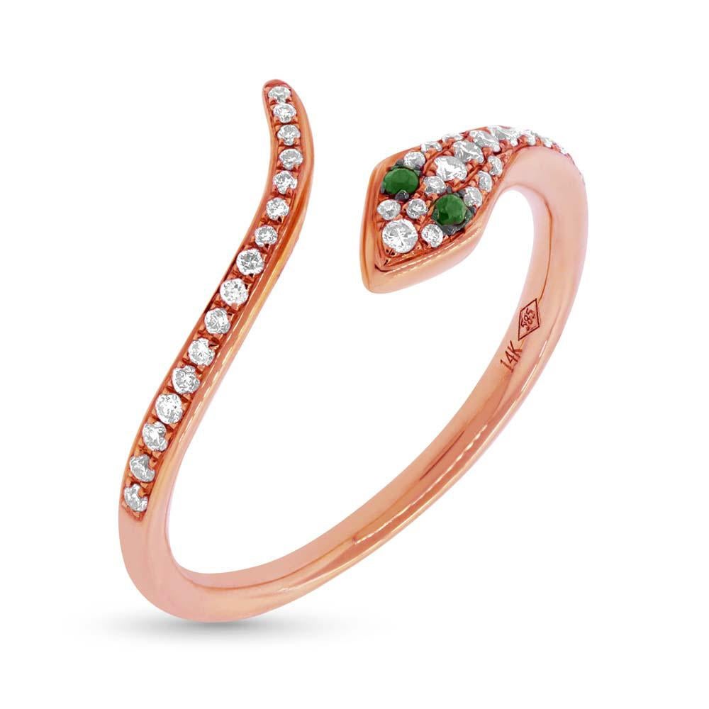 Handcrafted in 14k rose gold, this ravaishing snake ring showcases 0.19ct of peerless white round brilliant cut diamonds as well as 0.02ct of green garnets. The diamonds are graded at F-G, VS2-SI1.
