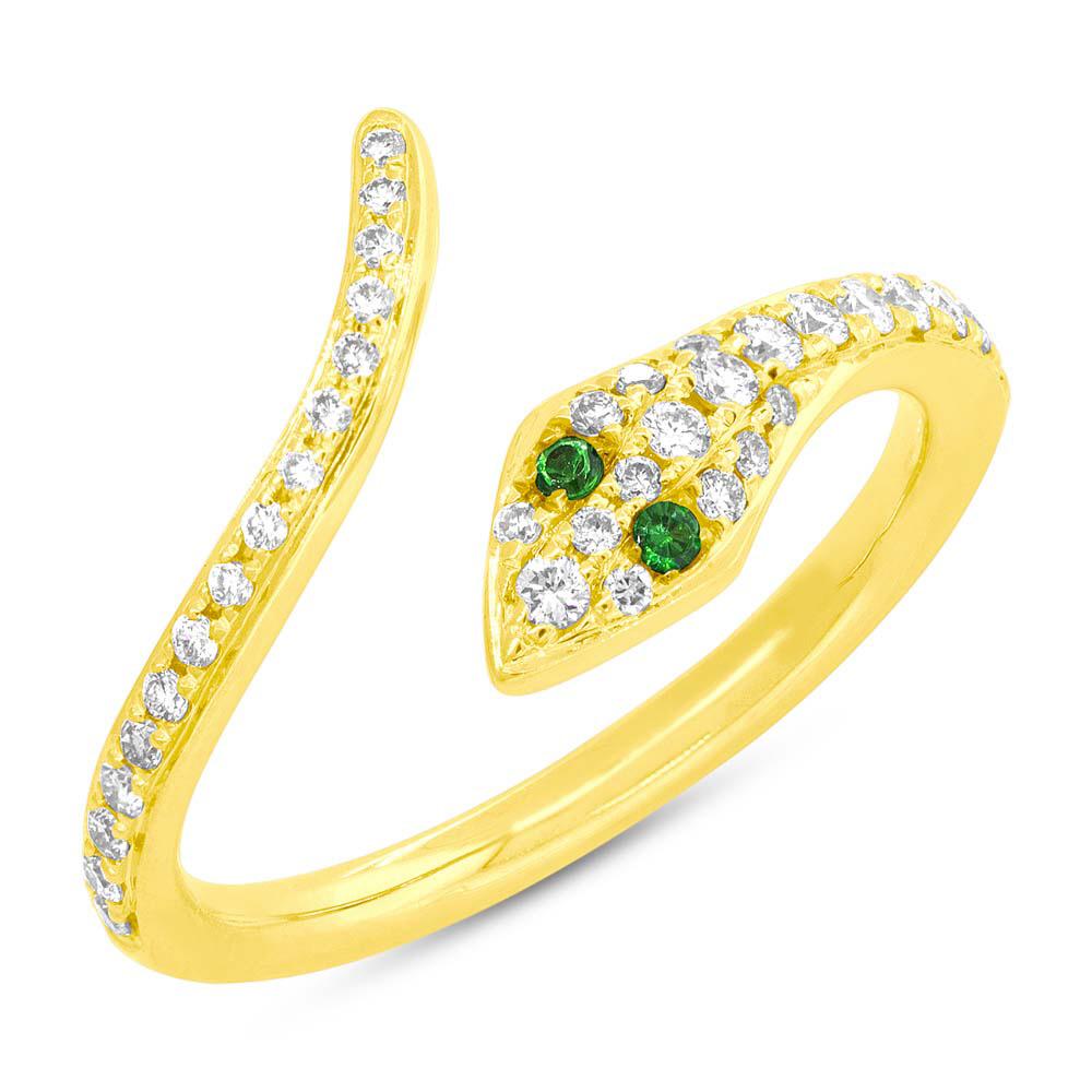 Created in 14k yellow gold, this ravsishing snake ring showcases 0.19ct of round brilliant cut diamonds graded at F-G, VS2-SI1 as well as 0.02ct of green garnets. Absolutely perfect for everyday wear!
