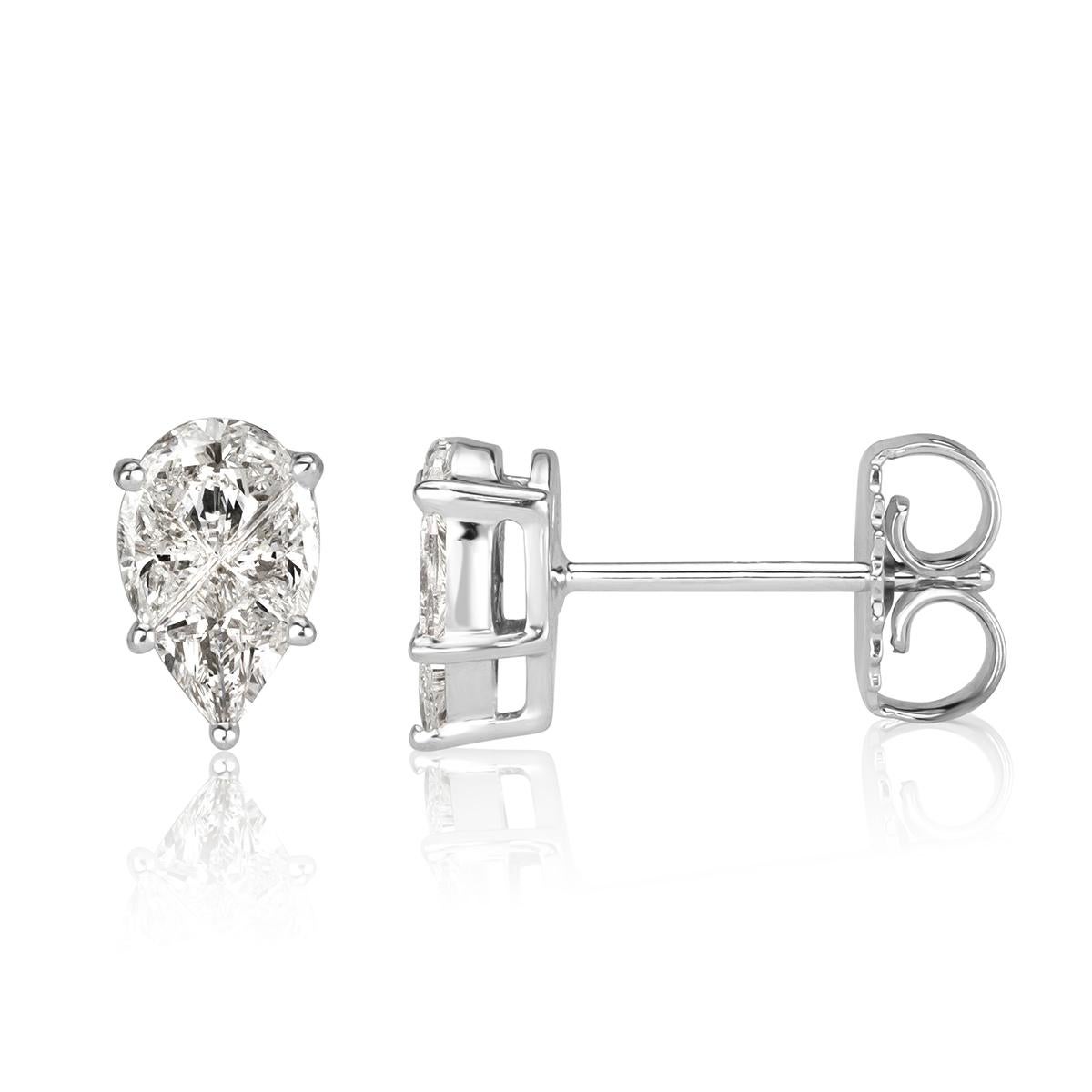 Created in 18k white gold, this ravishing pair of diamond stud earrings showcases 0.72ct of diamonds invisibly set in a lovely pear shaped design. They are graded at top qualities of E-F in color, VS1-VS2 in clarity.
